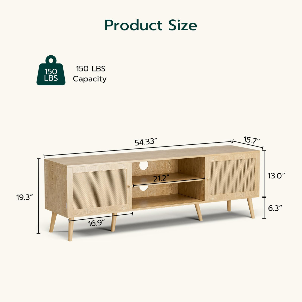 ZttRiee TV Stand with Rattan Doors for TVs up to 65", Mid-Century, Natural