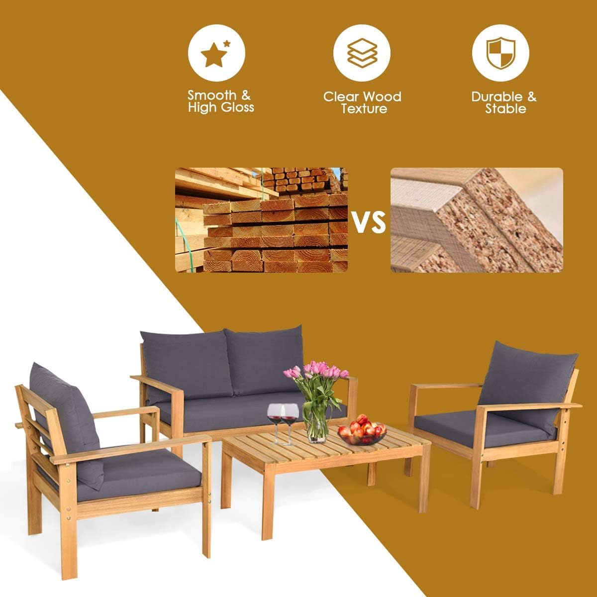 4-Piece Acacia Wood Patio Conversation Set