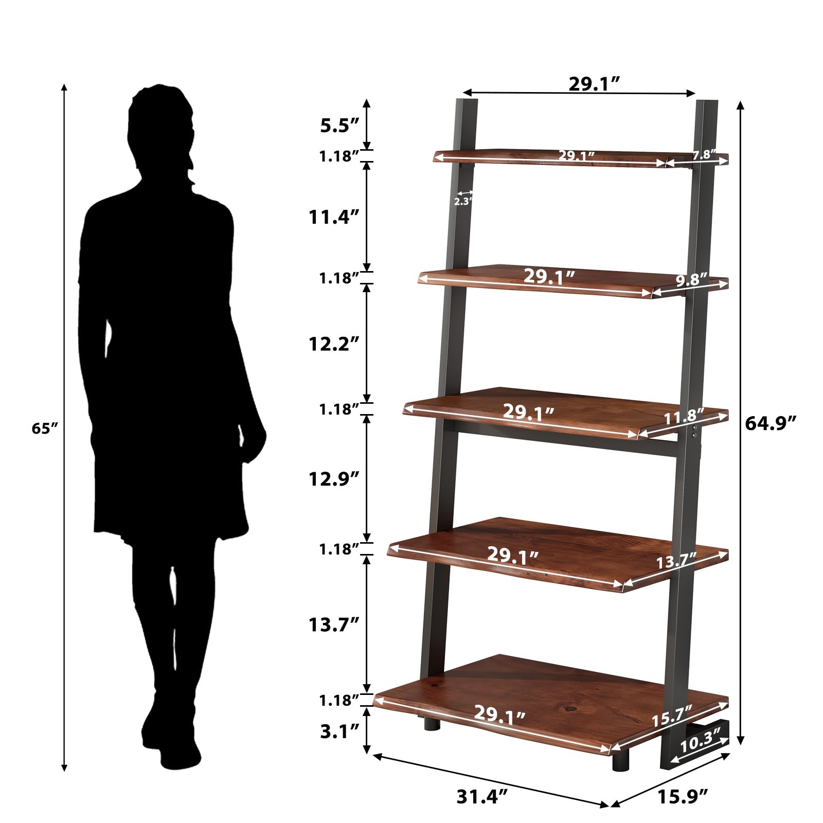 Solid Wood Ladder Bookshelf with Live Edge