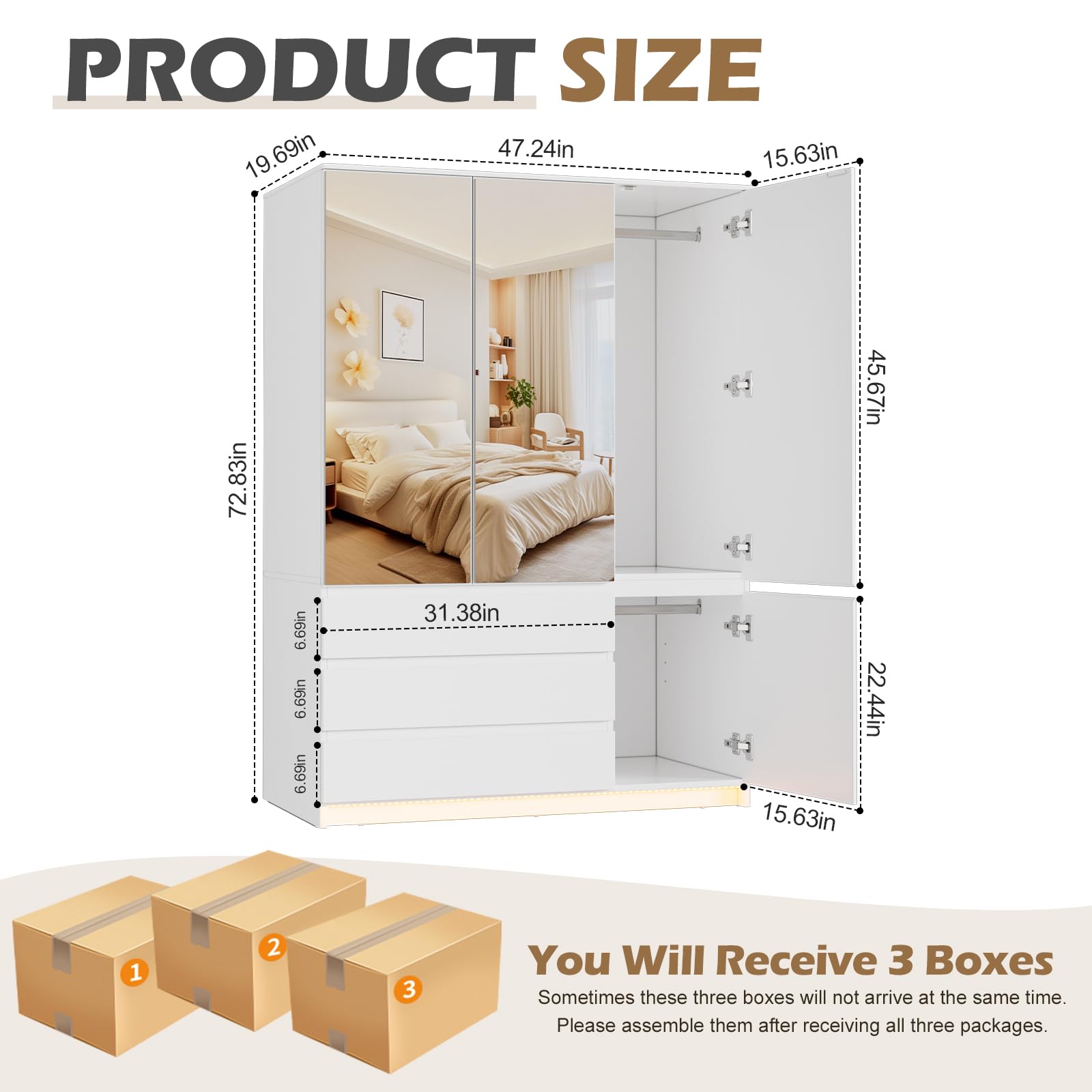PAKASEPT 3 Doors Armoire Wardrobe Closet with Mirror & Lights, 72.83" H Wooden Bedroom Armoires with 3 Drawers, Hanging Rod & Shelves, Clothing Storage Cabinet for Bedroom
