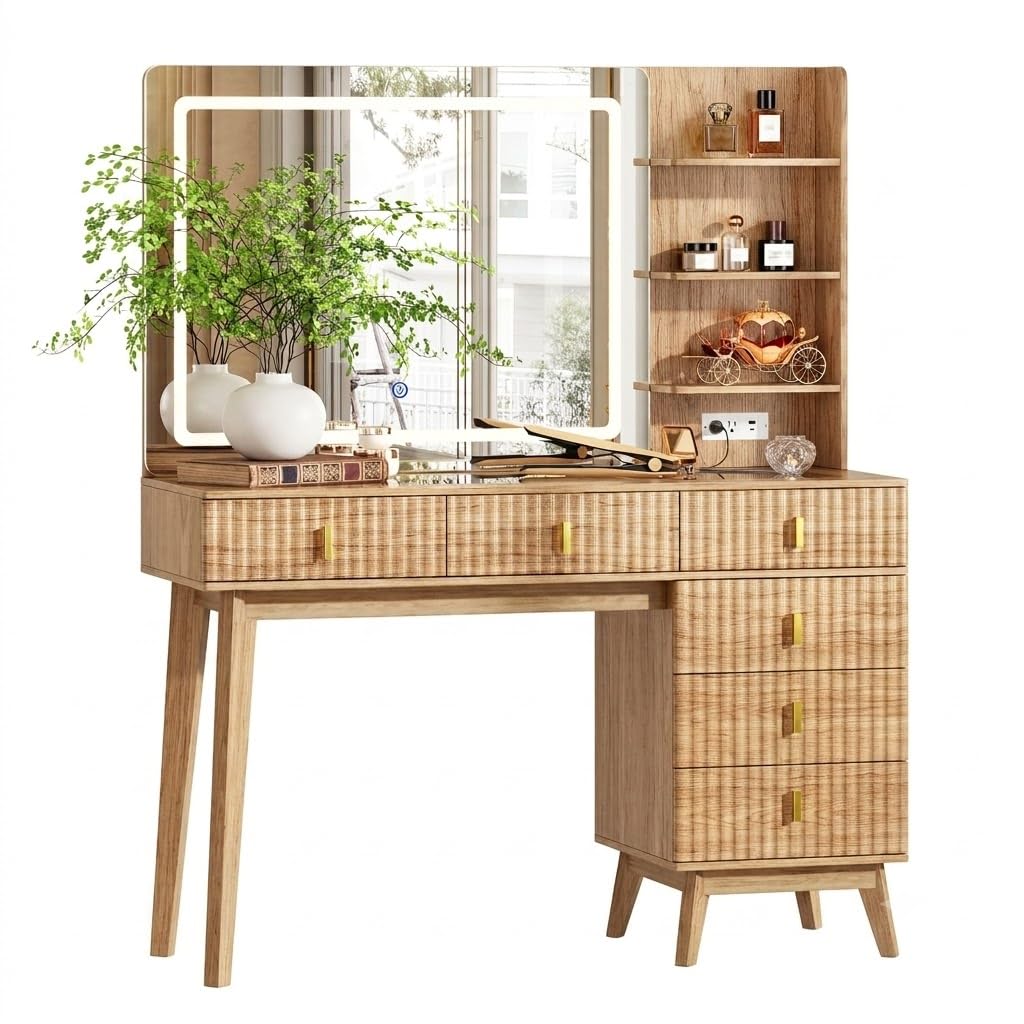 Large Makeup Vanity Desk with Mirror and Lights, Vanity Desk with 6 Drawers & Storage Shelves, Vanity Table with Power Outlet, 3 Color Modes & Adjustable Brightness Dressing Table, Bedroom,Wood
