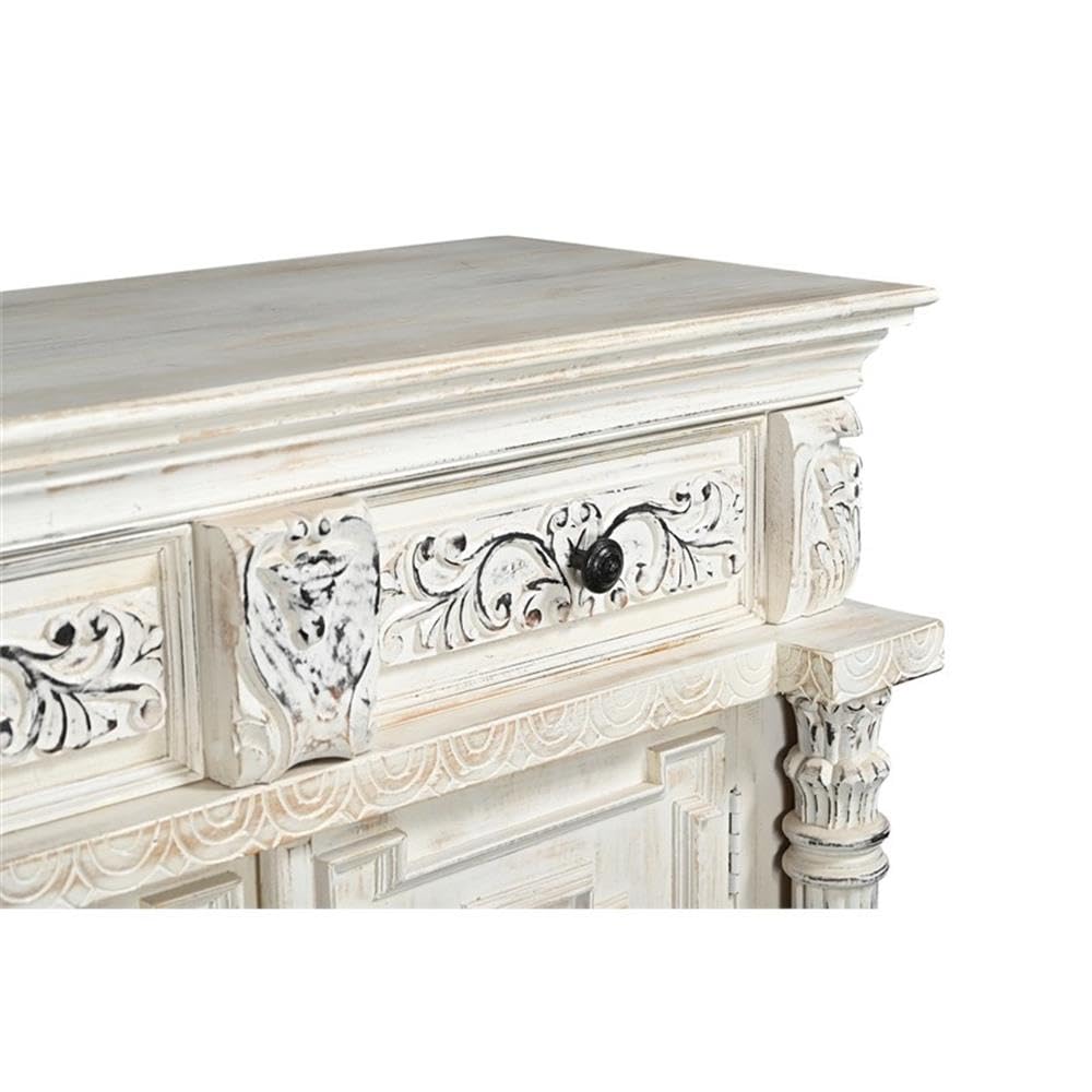 Pemberly Row 6-Drawer 6-Door Carved Solid Mango Wood Sideboard, Weathered White Finish, 118 in Wide, Floral Carvings, Removable Shelves, Decorative Buffet Table for Dining Room or Foyer Use