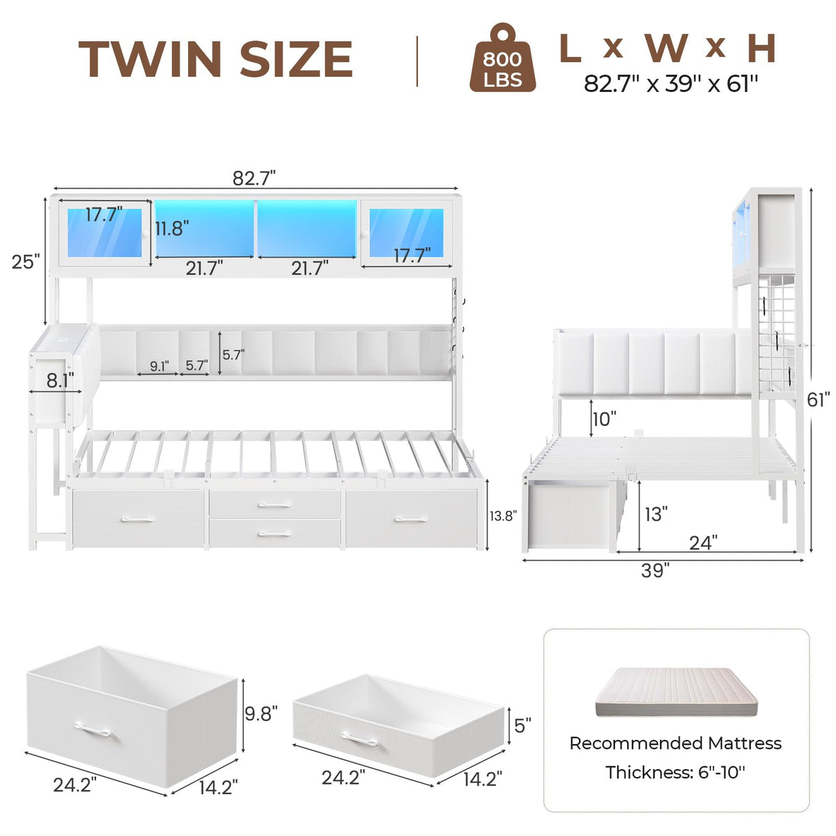 Twin Daybed with Storage Headboard & 4 Drawers, Hight Bookcase, White