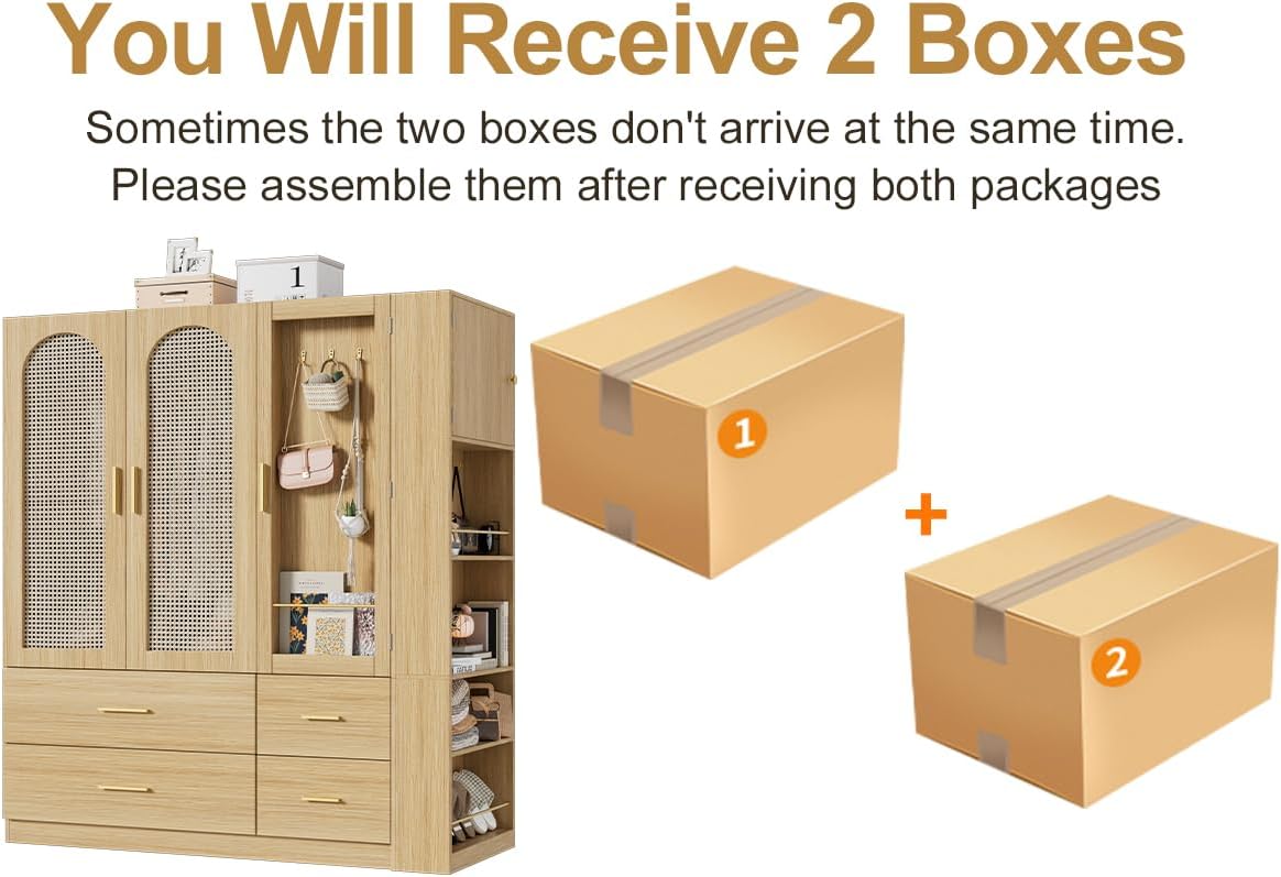 3-Door Rattan Wardrobe Closet with Mirror & Drawers