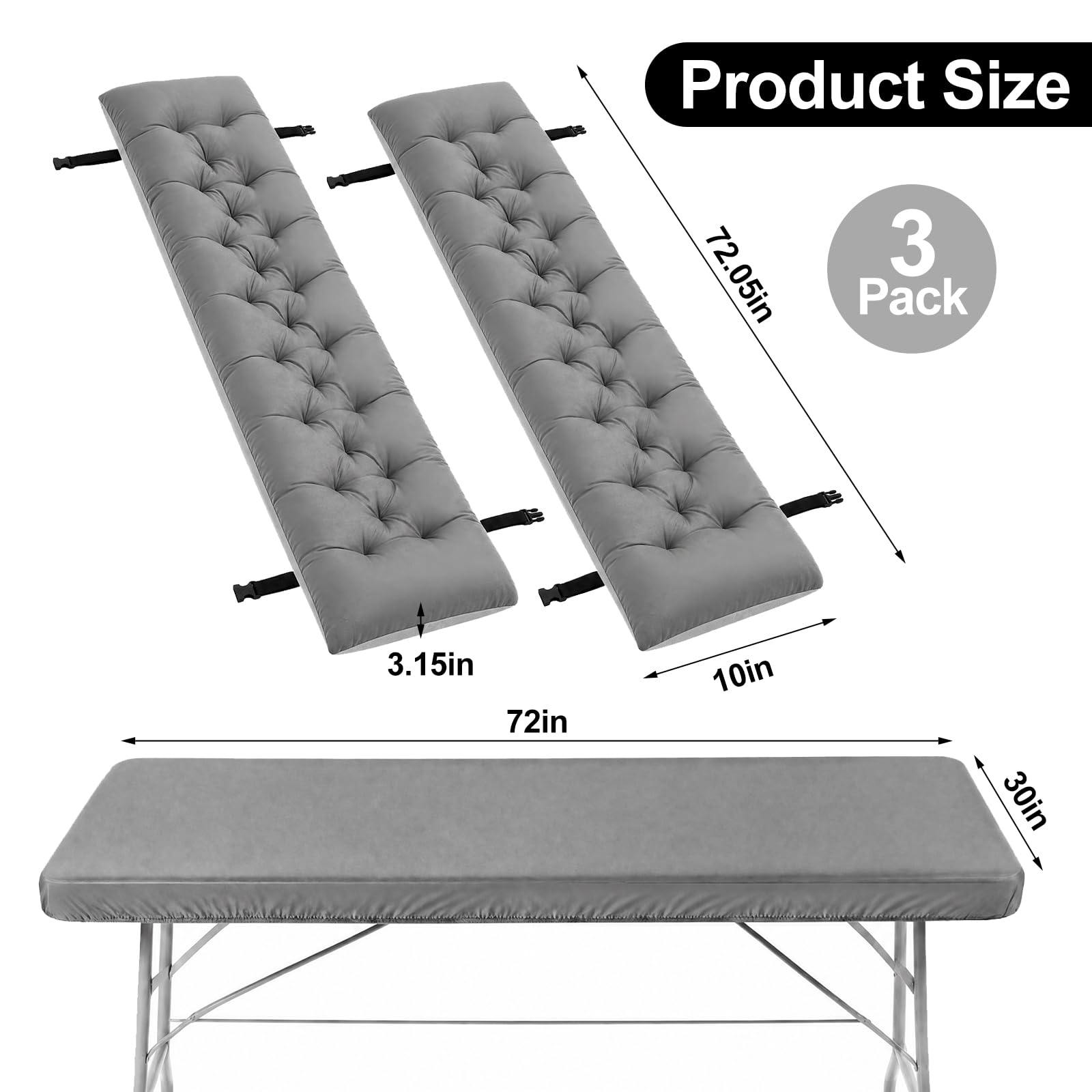 3 Pcs Picnic Bench Cushions with Table Cover Set Outdoor Waterproof Picnic Table Seat Cushion with Straps Buckles 72x10x3 in Elastic Fitted Tablecloths 6ft Rectangle Folding Easy to Carry(Dark Gray)