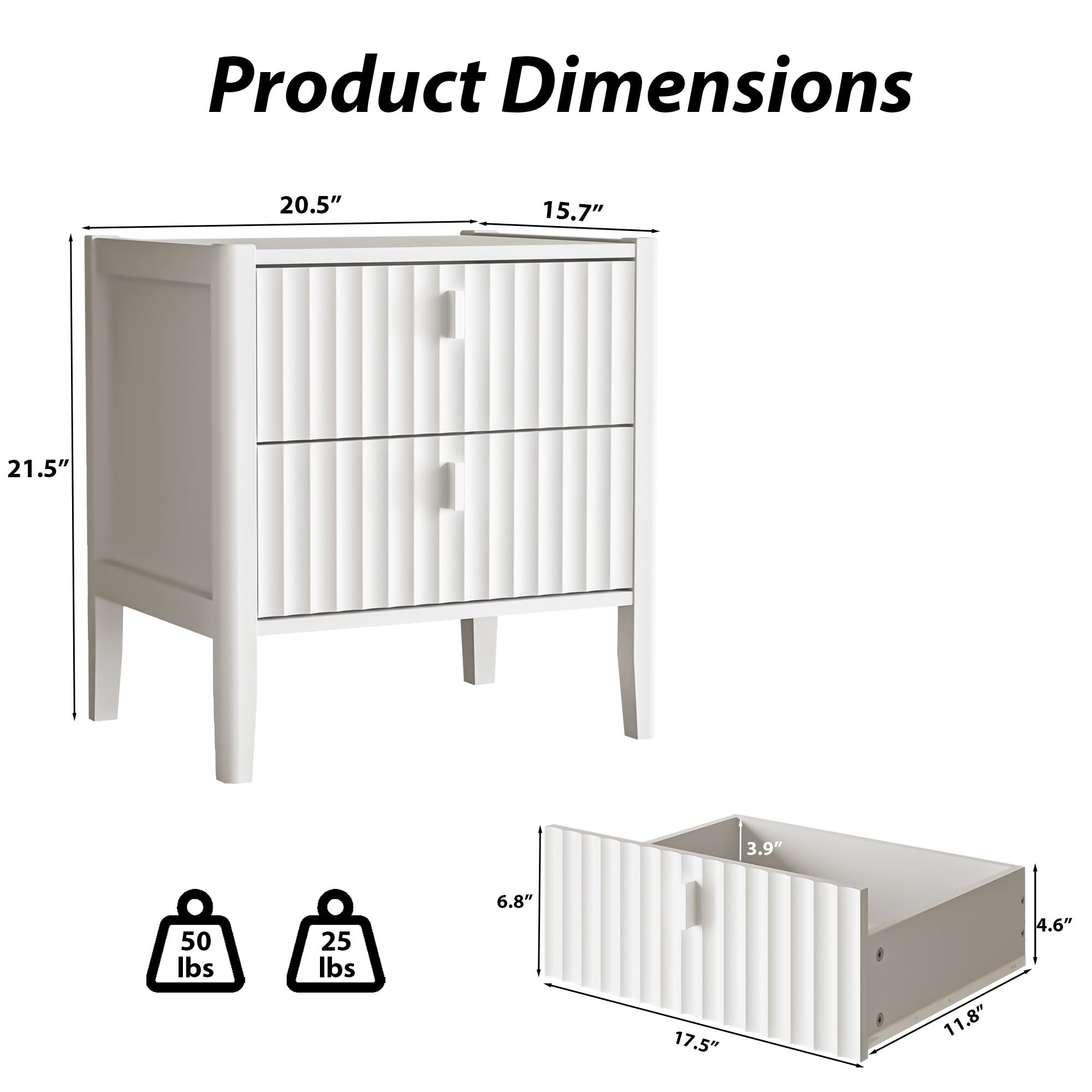 Nightstand with 2 Drawers, Fluted Bedside Table