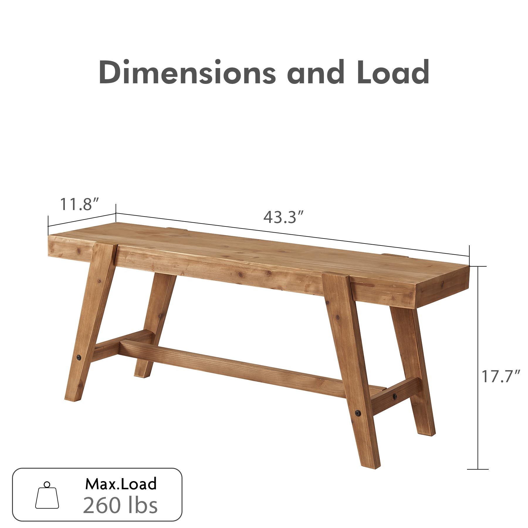 HOKYHOKY Farmhouse Solid Wood Entryway Bench – 43.4 Inches Rustic Long Bench, Dining Bench with Angled Legs, Hand-Finished Natural Grain, for Foyer, Hallway, Bedroom