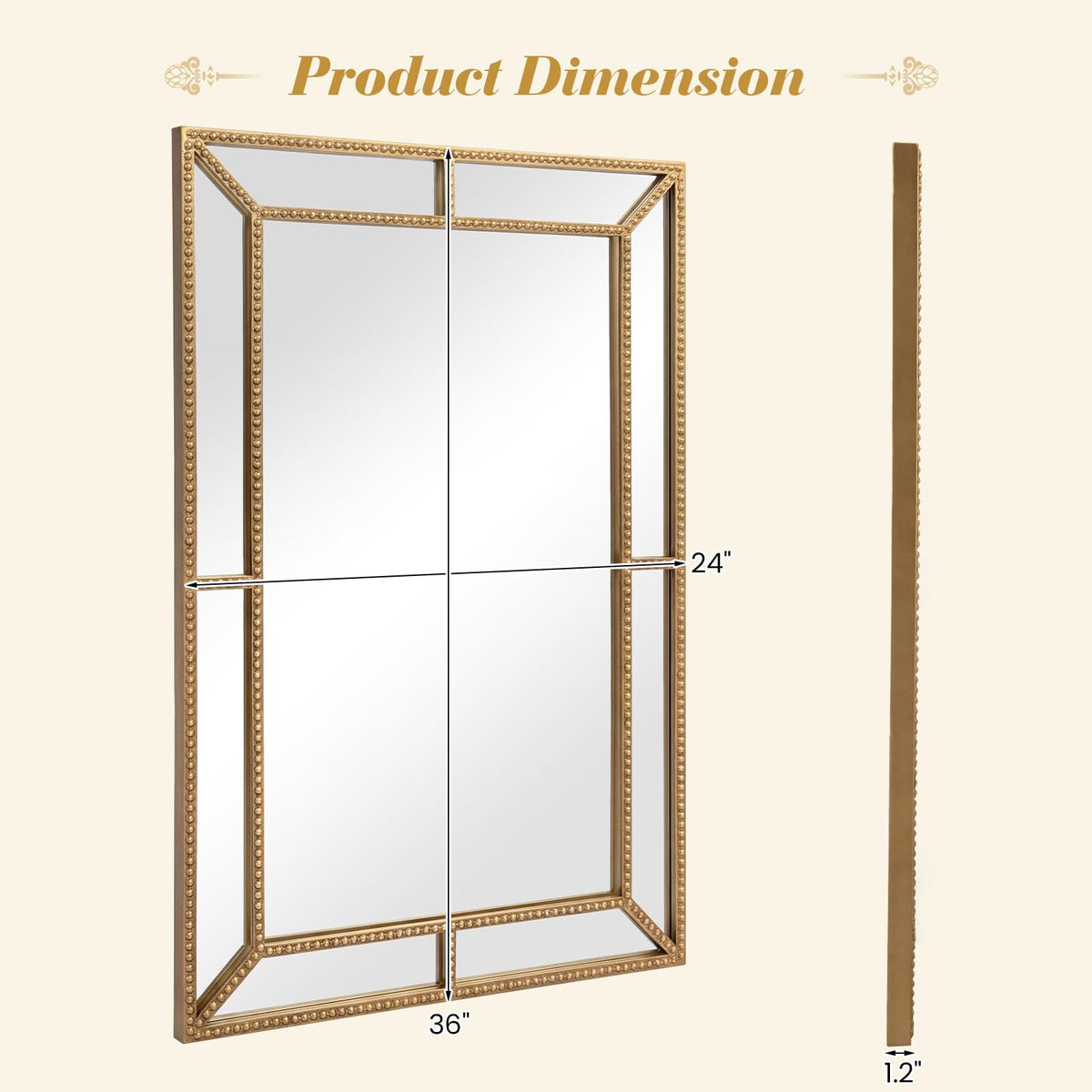 36 x 24 Gold Beaded Rectangle Wall Mirror