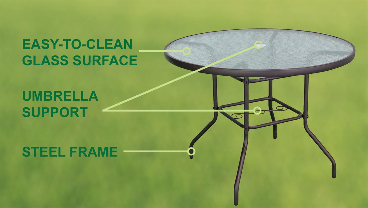 Garden Elements Outdoor Patio Furniture, Round Dining Table, Steel Base and Rim with Water-Wave Glass Top, Brown, 40"