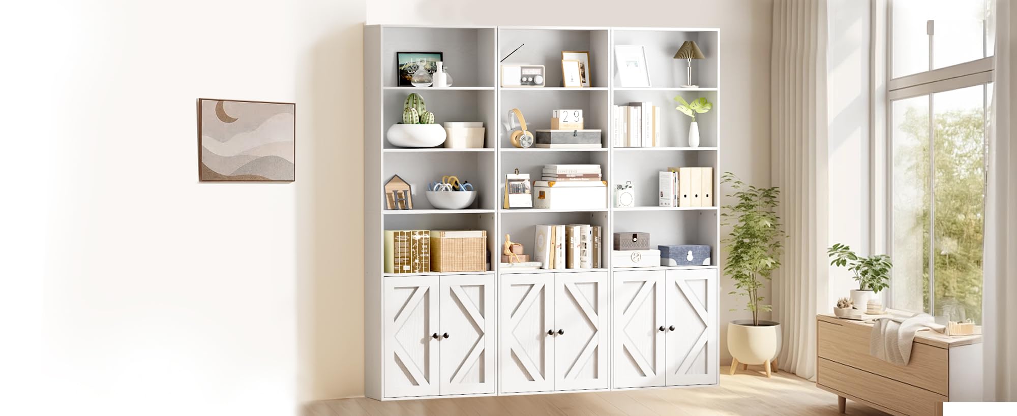 Shoueryaes Bookshelf, 6-Tier Floor Bookcase with 2 Bottom Doors, 9.29"x23.62"x70.86", Storage Cabinet Bookshelves for Home Office, Living Room, Bedroom-White