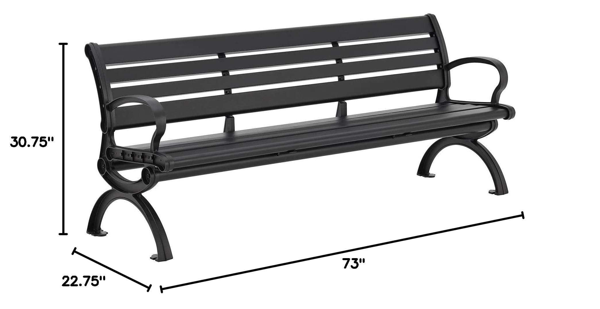 Global Industrial 6'L Outdoor Park Bench with Backrest, Horizontal Slats, Aluminum, 1100 lbs Capacity, Powder Coated Black Finish, Unassembled, Commercial Seating