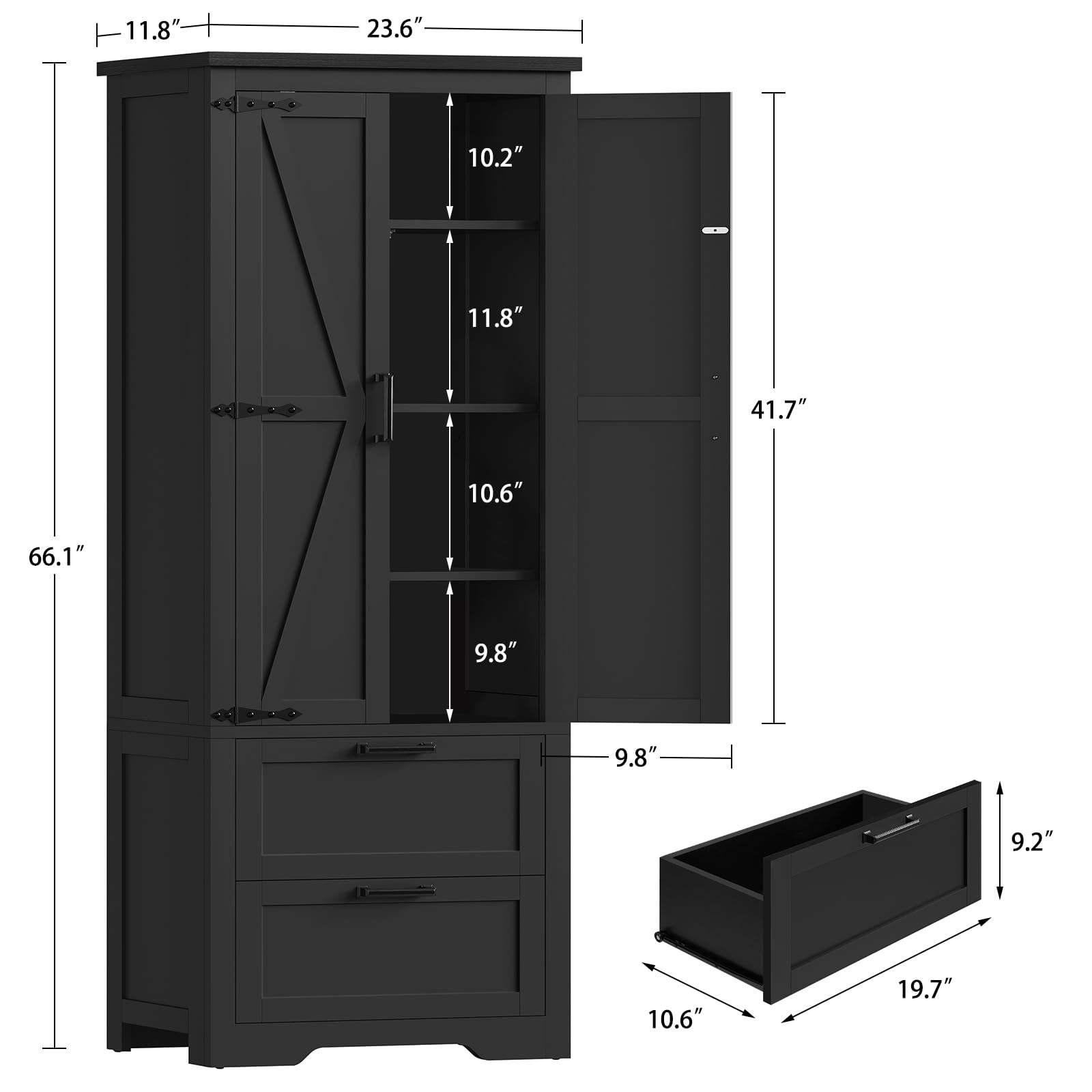 TEENFON 66.1" H Storage Cabinet, Farmhouse Kitchen Pantry Cabinet with 2 Drawers & Adjustable Shelf, Bathroom Cabinet, for Living Room, Kitchen, Bathroom, Black