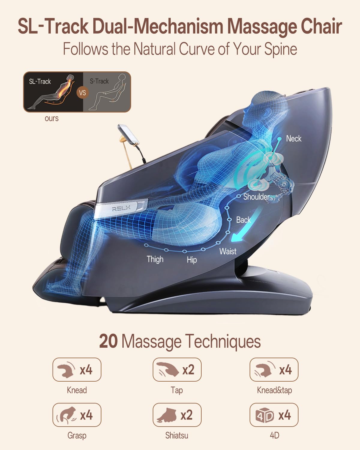 RELX 4D Massage Chair Full Body, Zero Gravity Shiatsu, Body Scan, Brown
