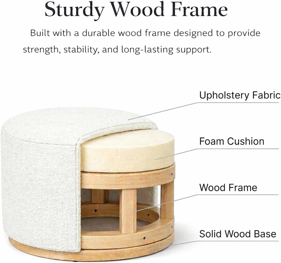 Spatial Order Bouclé Ottoman with Wooden Base – 22” Round Upholstered Footrest, Cream Textural Fabric, Modern Accent Stool for Living Room & Bedroom