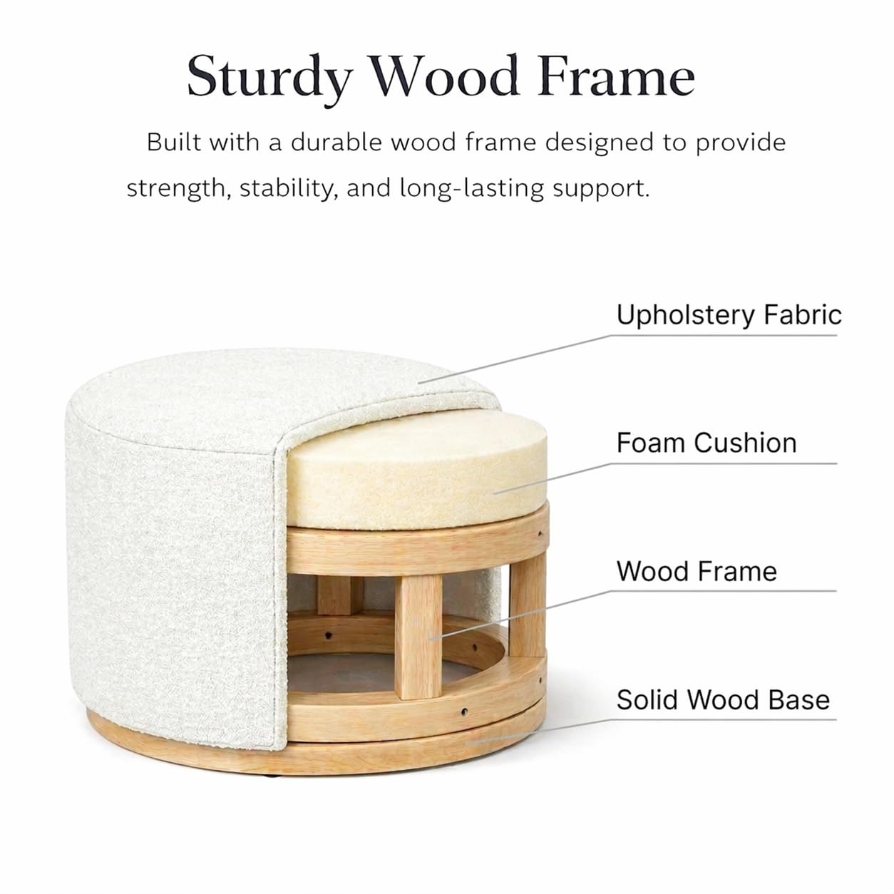 Spatial Order Bouclé Ottoman with Wooden Base – 22” Round Upholstered Footrest, Cream Textural Fabric, Modern Accent Stool for Living Room & Bedroom