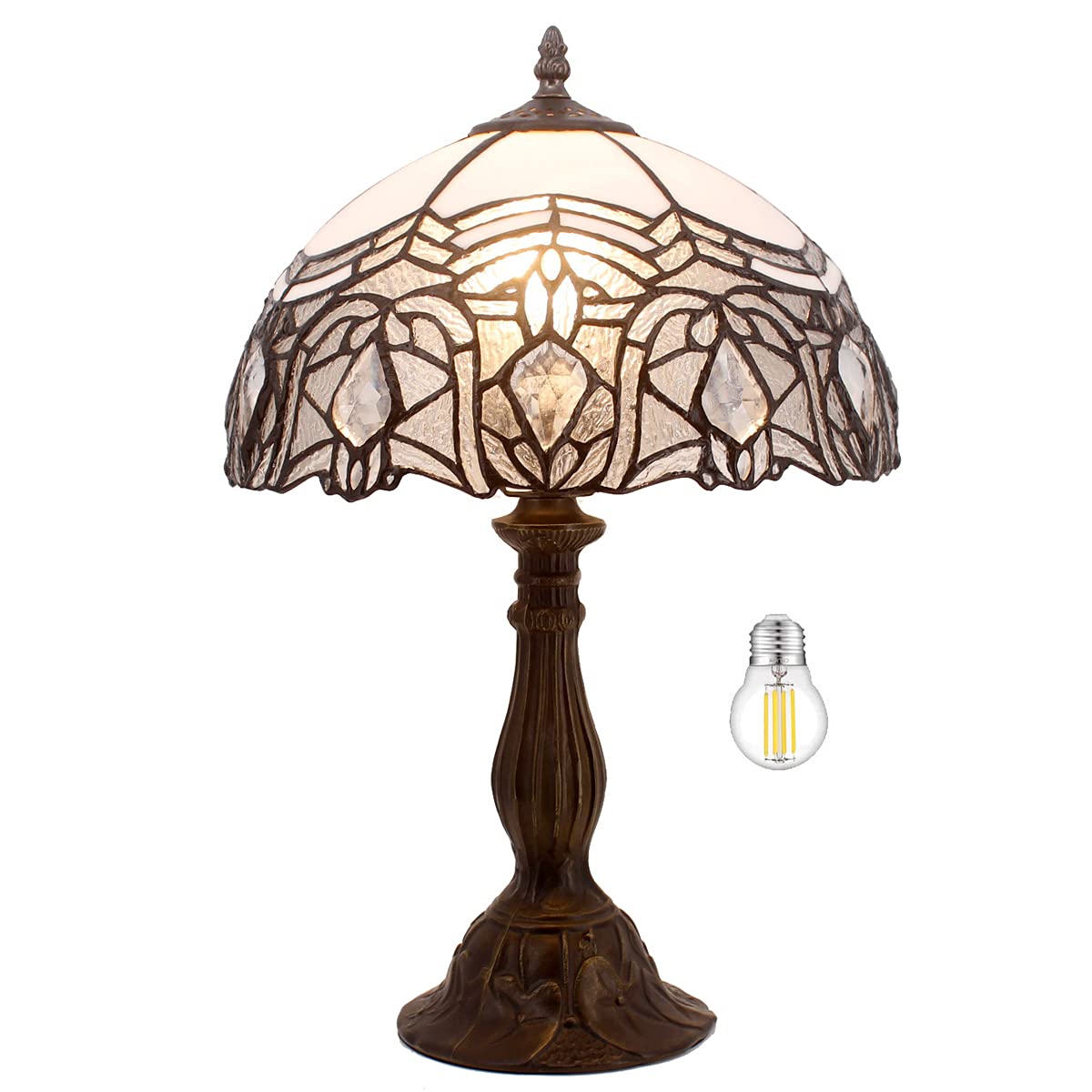 WERFACTORY Tiffany Lamp White Bent Stained Glass Bedside Table Lamp Desk Reading Light 12X12X18 Inches Decor Bedroom Living Room Home Office S508W Series