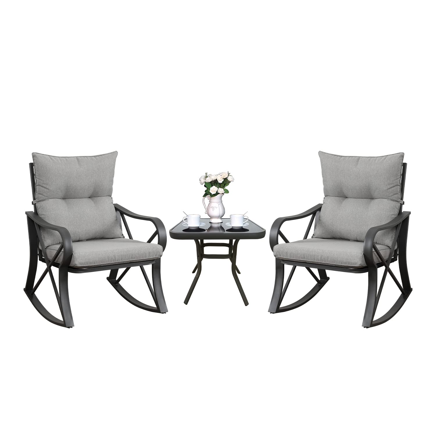 3-Piece Outdoor Rocking Bistro Set with Cushions & Glass-Top Table