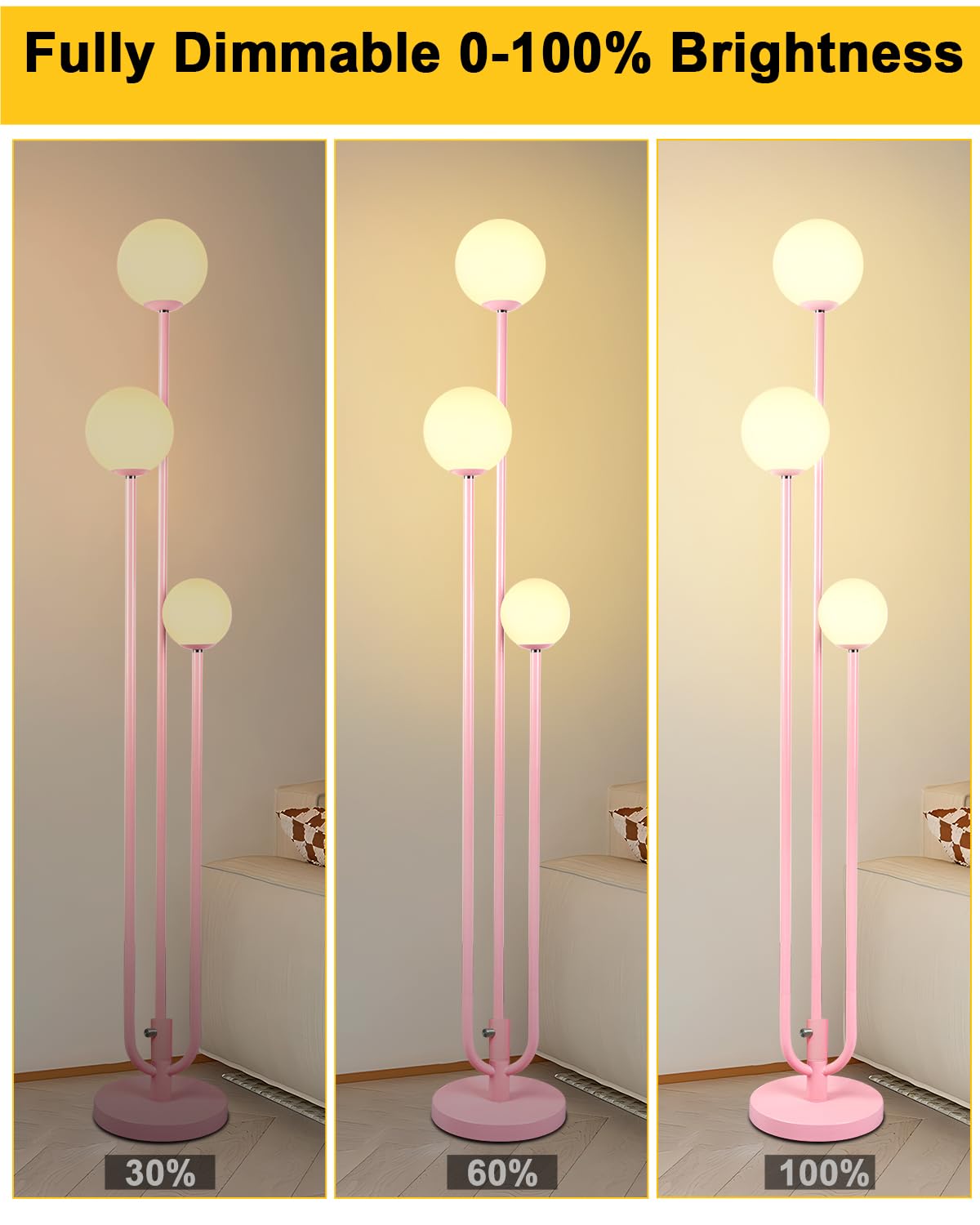 ACOHOOK 63IN 3-Light Dimmable Pink Floor Lamp, Unique Tall Standing Lamps with 3000K G9 Bulbs for Reading, Mid Century Modern Floor Lamp with 5Lbs Heavy Base for Living Room Bedroom Office