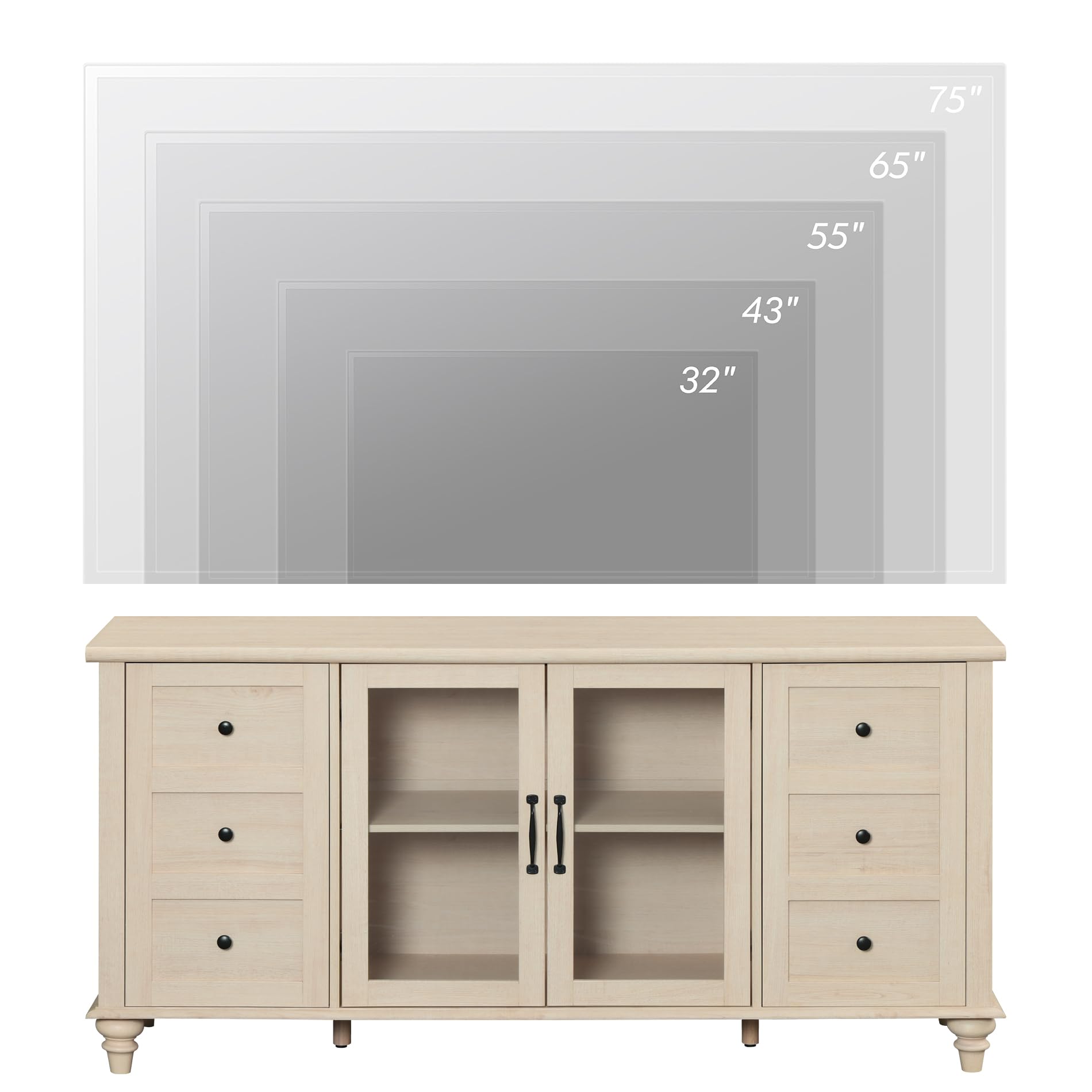 WAMPAT Glass Door TV Stand for TVs up to 75 inch, Wood TV Console Table with 4 Storage Cabinets, Farmhouse Television Stands for Living Room, 58 Inch, Beige