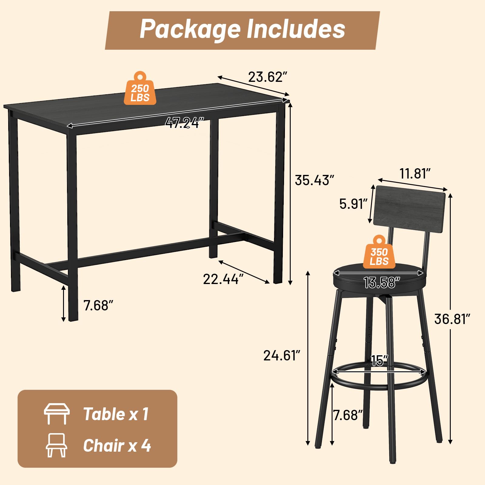 5-Piece Counter Height Bar Table Set for 4