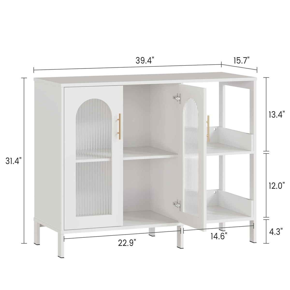 GarveeHome Glass Door Sideboard Cabinet, Modern Storage Buffet with Metal Handles & Adjustable Shelves, Solid Wood Frame Display Cabinet for Living Room, Dining Room, Kitchen, Entryway, White