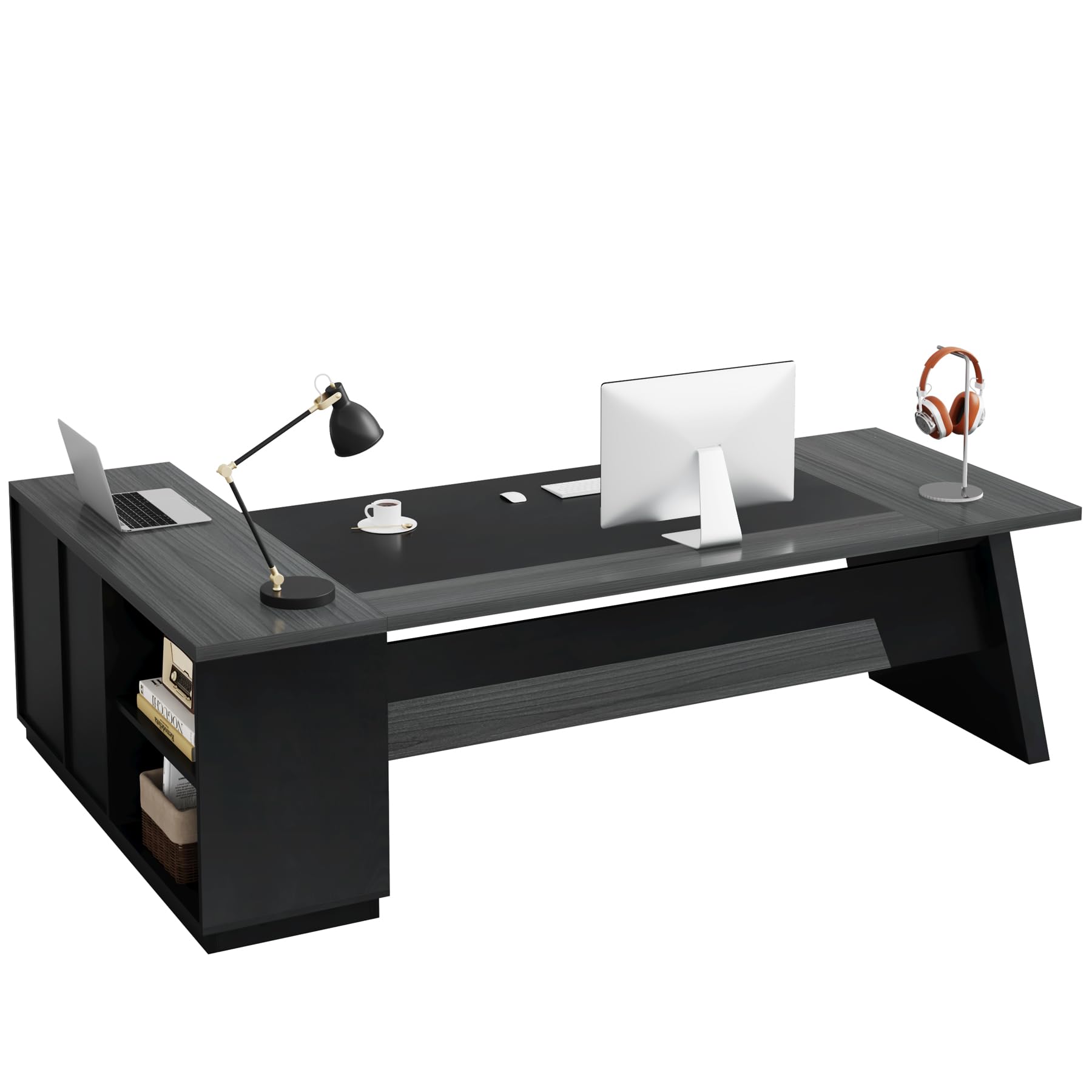 Tribesigns L-Shaped Executive Desk, 78-Inch Modern Office Desk with Drawers and Lateral File Cabinet, Large Bussiness Furniture with Storage Shelves, Workstation for Home Office (Grey + Black)