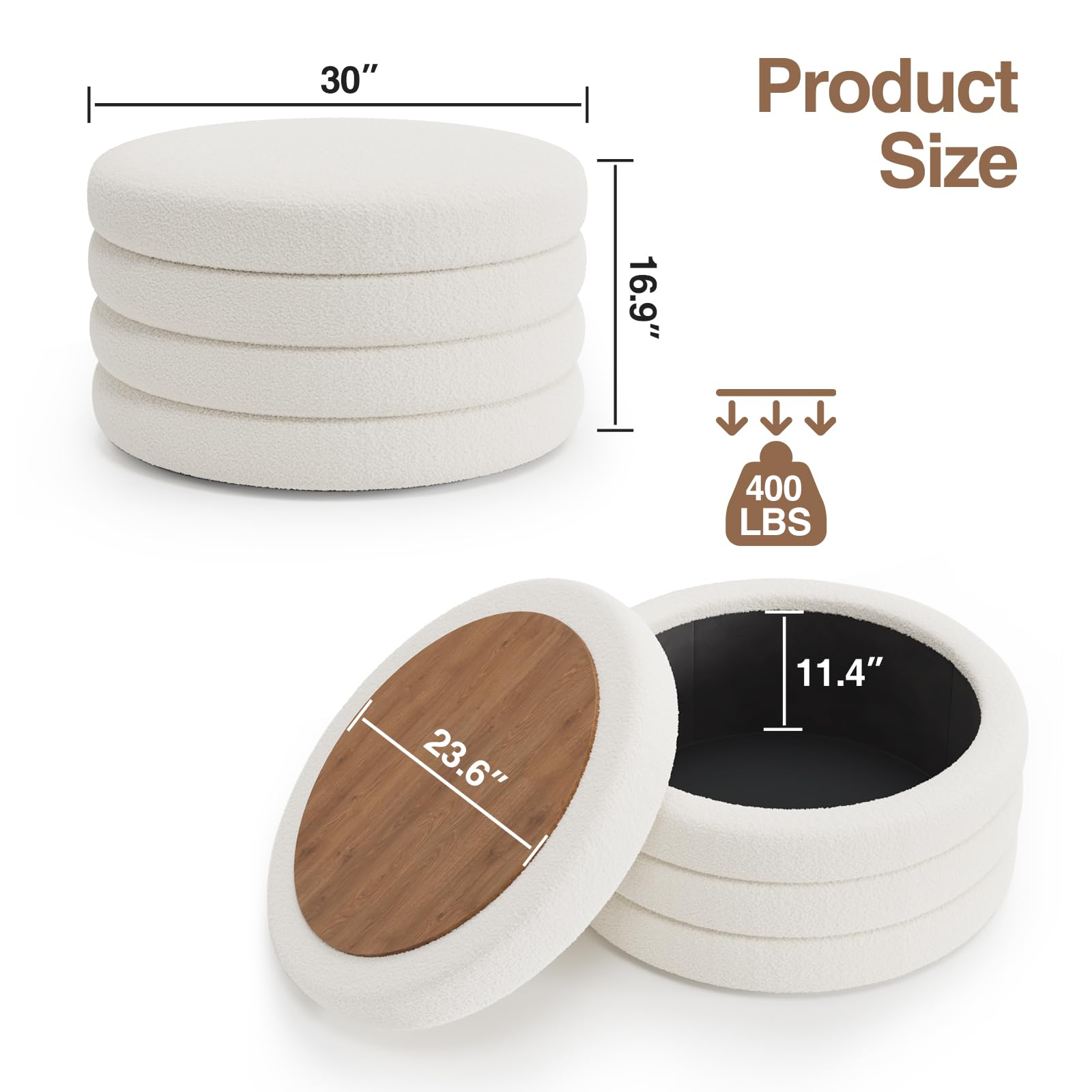 Round Sherpa Storage Ottoman with Tray