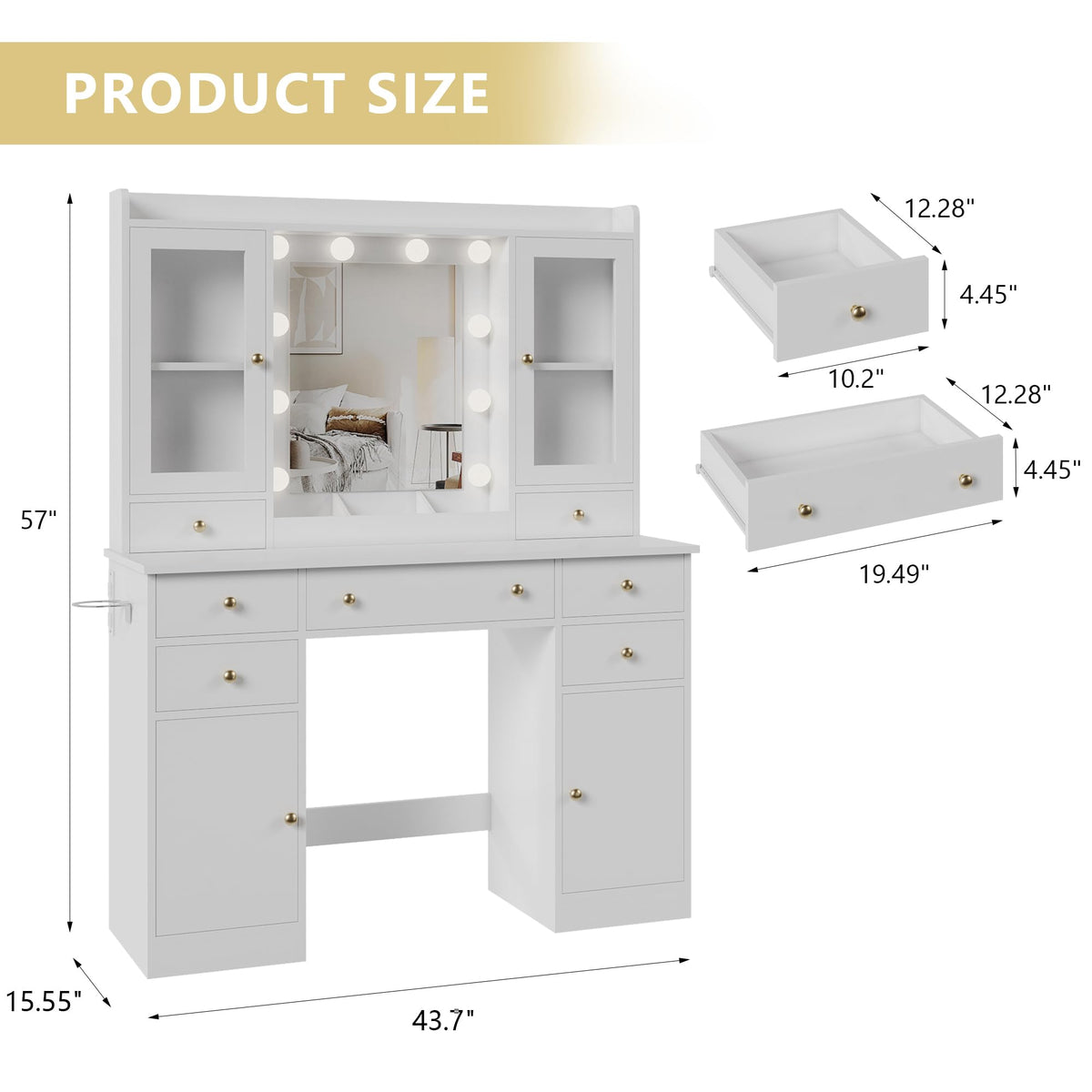 Xixini 44" Vanity Desk with Mirror & Lights, Glass Storage Cabinets, White