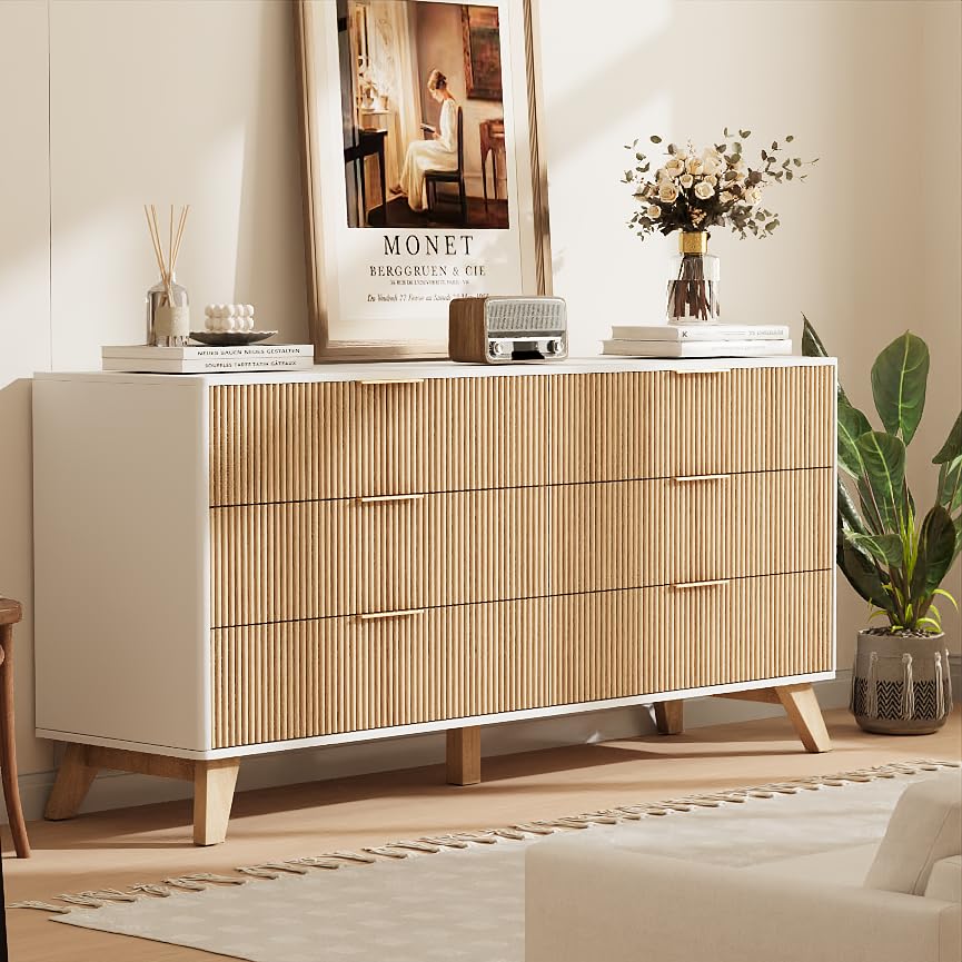 Fluted 6-Drawer Dresser with Wood Legs