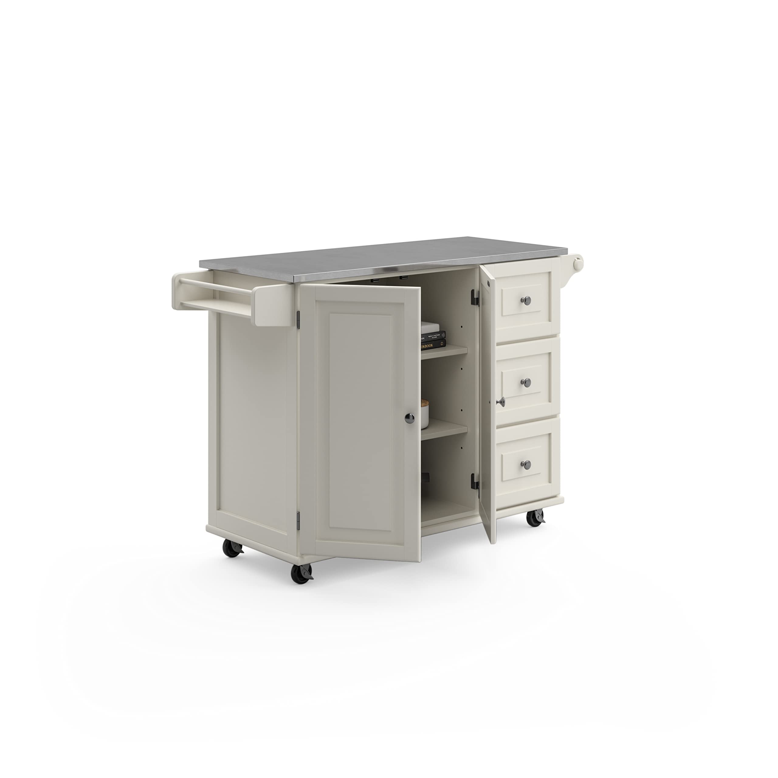 53.5" Kitchen Island Cart with Storage, Rolling Kitchen Cart on Wheels with Stainless Steel Top, Mobile Prep Station with Drawers, Cabinets, Adjustable Shelves & Towel Rack, Solid Wood, Off White