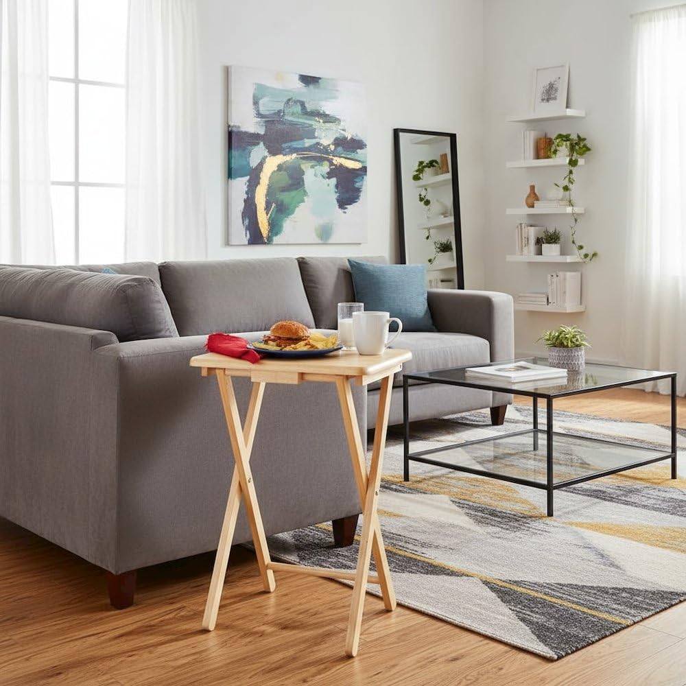 Furnifact 5-PC Folding TV Tray Table Set, Natural Finish, Solid Wood, Portable Snack Tables with Storage Rack, Compact Home Furniture