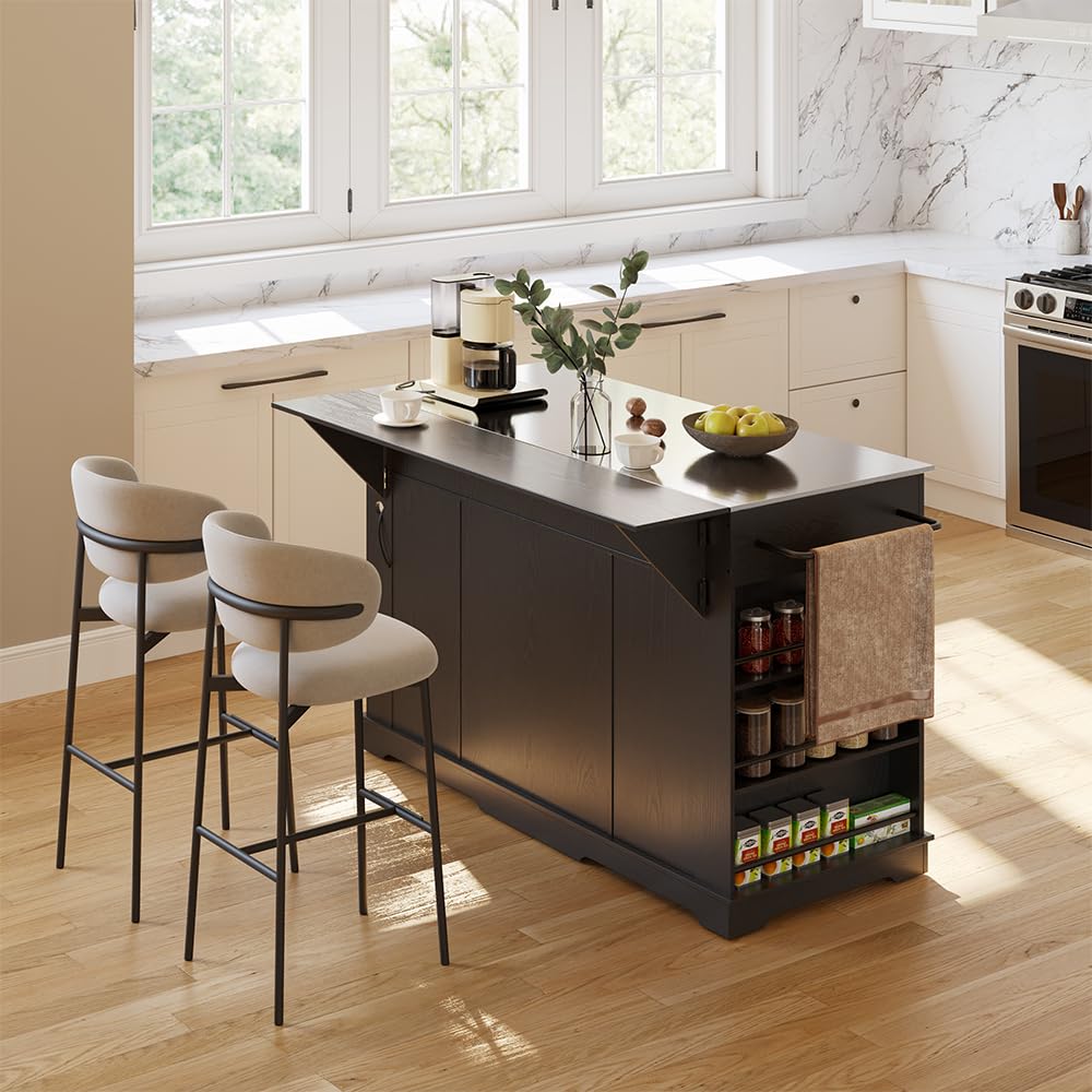 NORDEVERRA 60" Kitchen Island with Drop Leaf & Stainless Steel Countertop