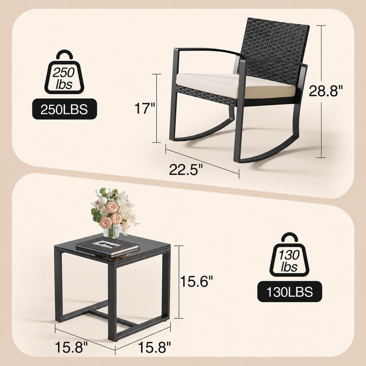 Qsun 3 Pieces Porch Furniture Set Patio Rocking Bistro Set Outdoor Patio Chairs Rattan Conversation Sets with Coffee Table for Front Porch Garden Balcony Backyard Poolside (Beige Cushion)