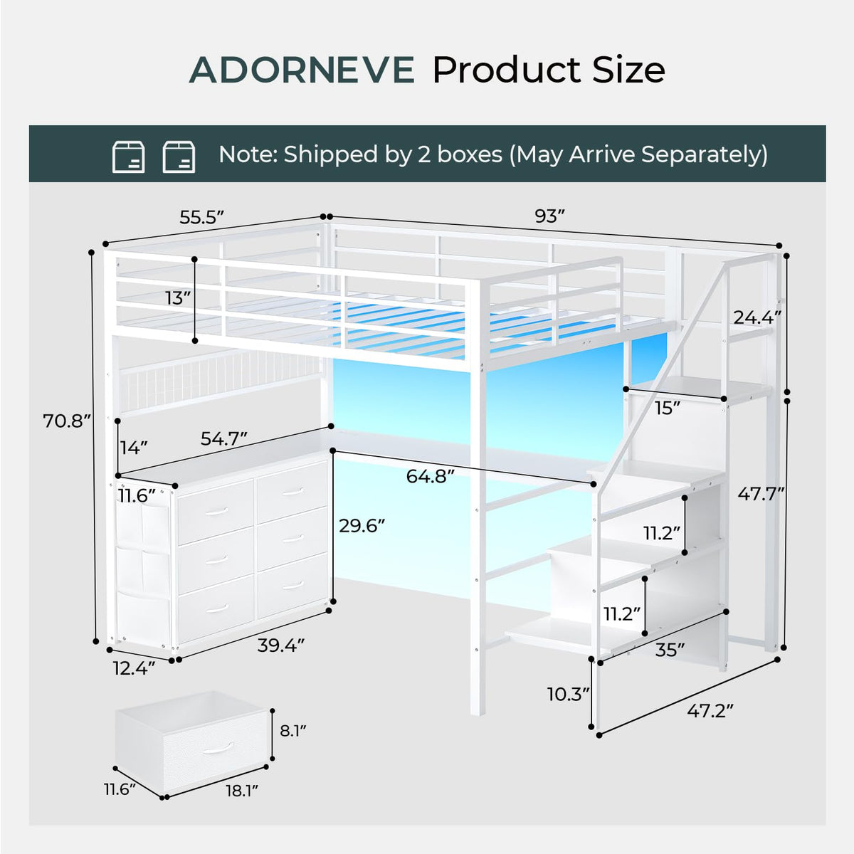 ADORNEVE Full Size Loft Bed with L Desk and Storage Stairs, White