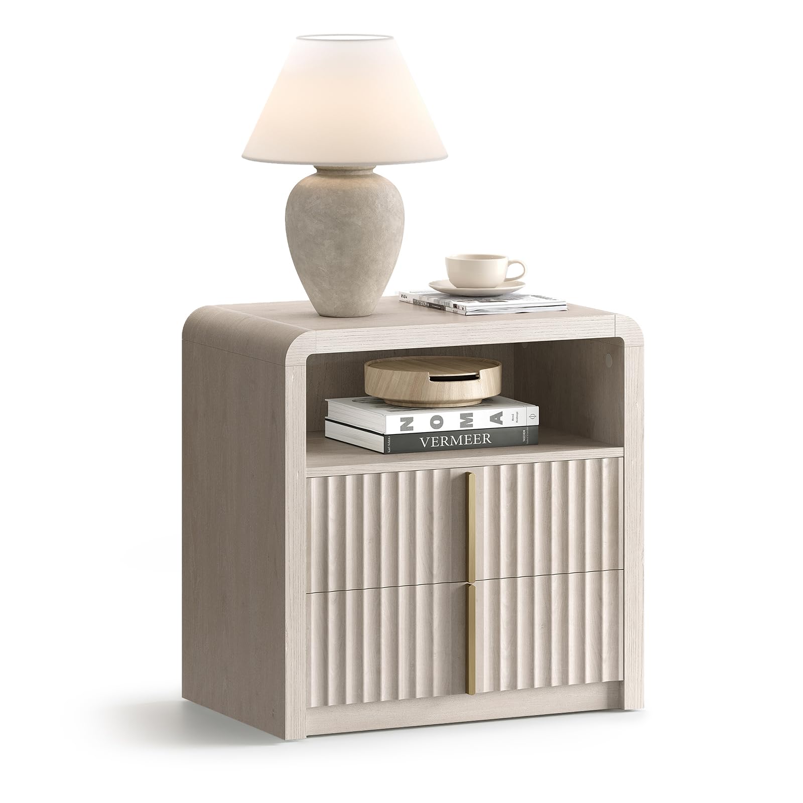 ModernMate Night Stand Set of 2, 23.6" Fluted Nightstand with 2 Drawers, Curve Profile Bedside Table with Solid Metal Handle, Thicken End Side Table for Bedroom, White Alder