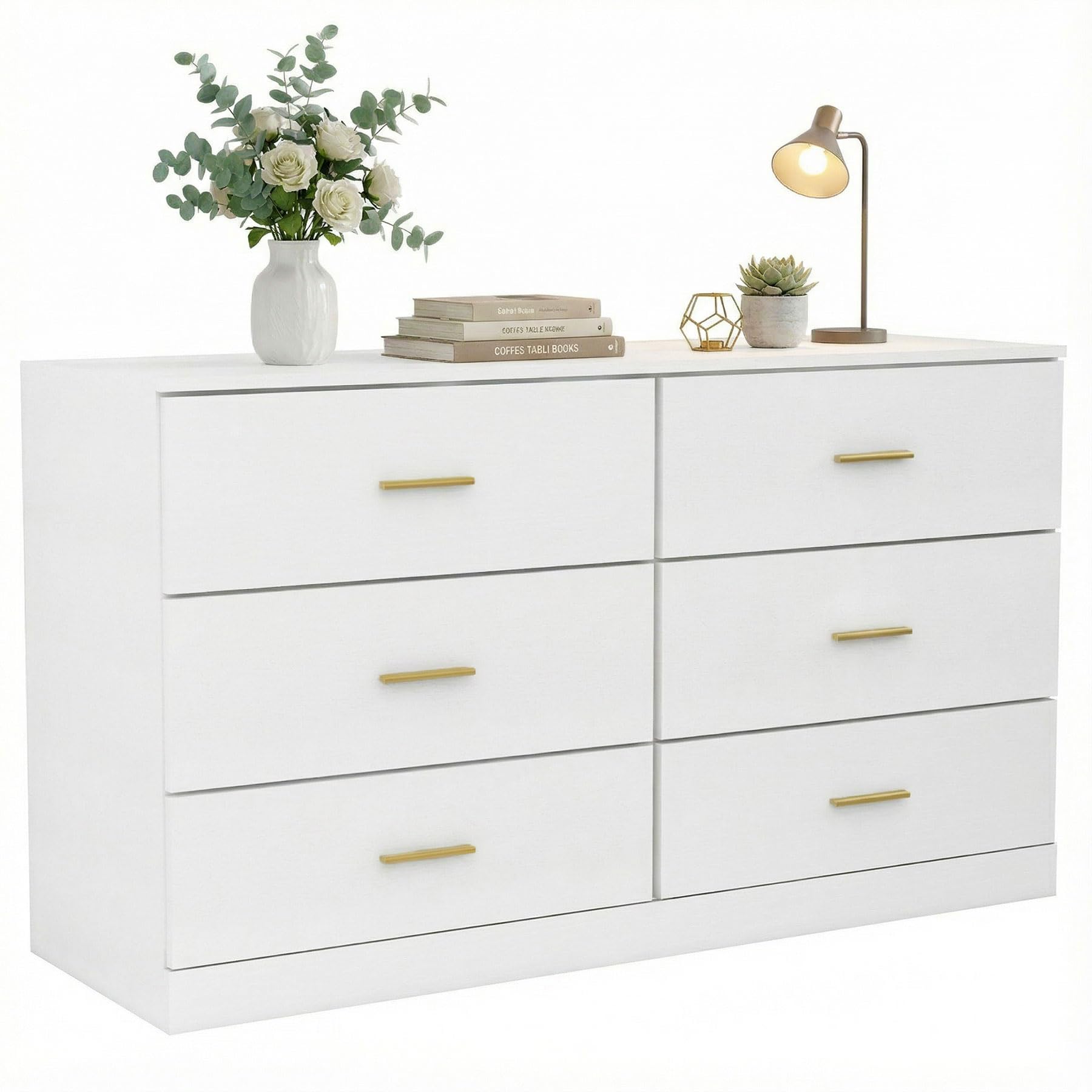 YMW 47" Modern White Dresser for Bedroom, 6-Drawer Wooden Chest of Drawers with Gold Handles,Wide Storage Cabinet for Living Room, Kid&Nursery Entryway