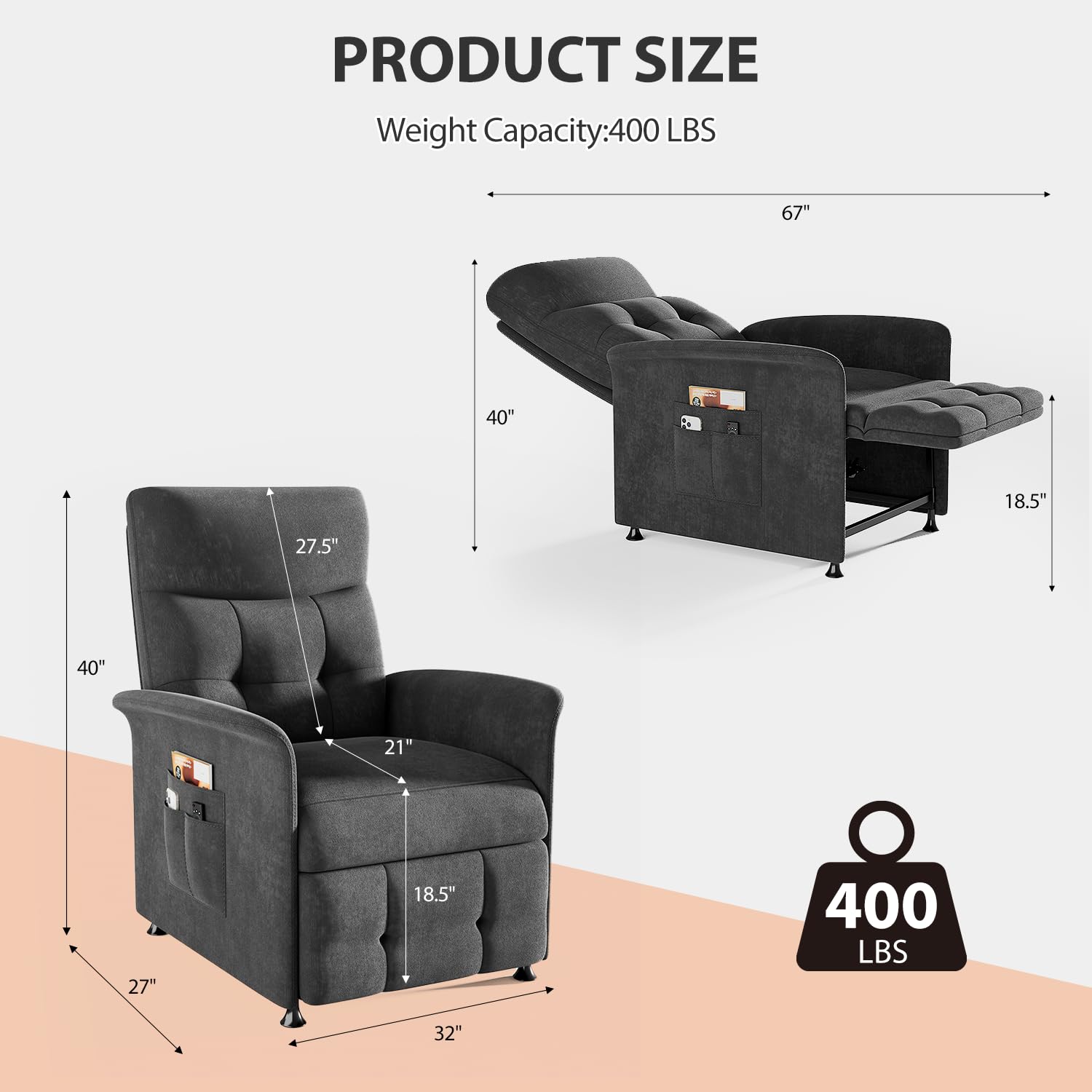 LegacyAmerhome Power Recliner Chair for Adults with Heat & Massage - Soft Fabric Electric Reclining Sofa with Remote Control, 180° Lay Sleeper 3 Side Pockets for Living Room Home Theater, Dark Grey