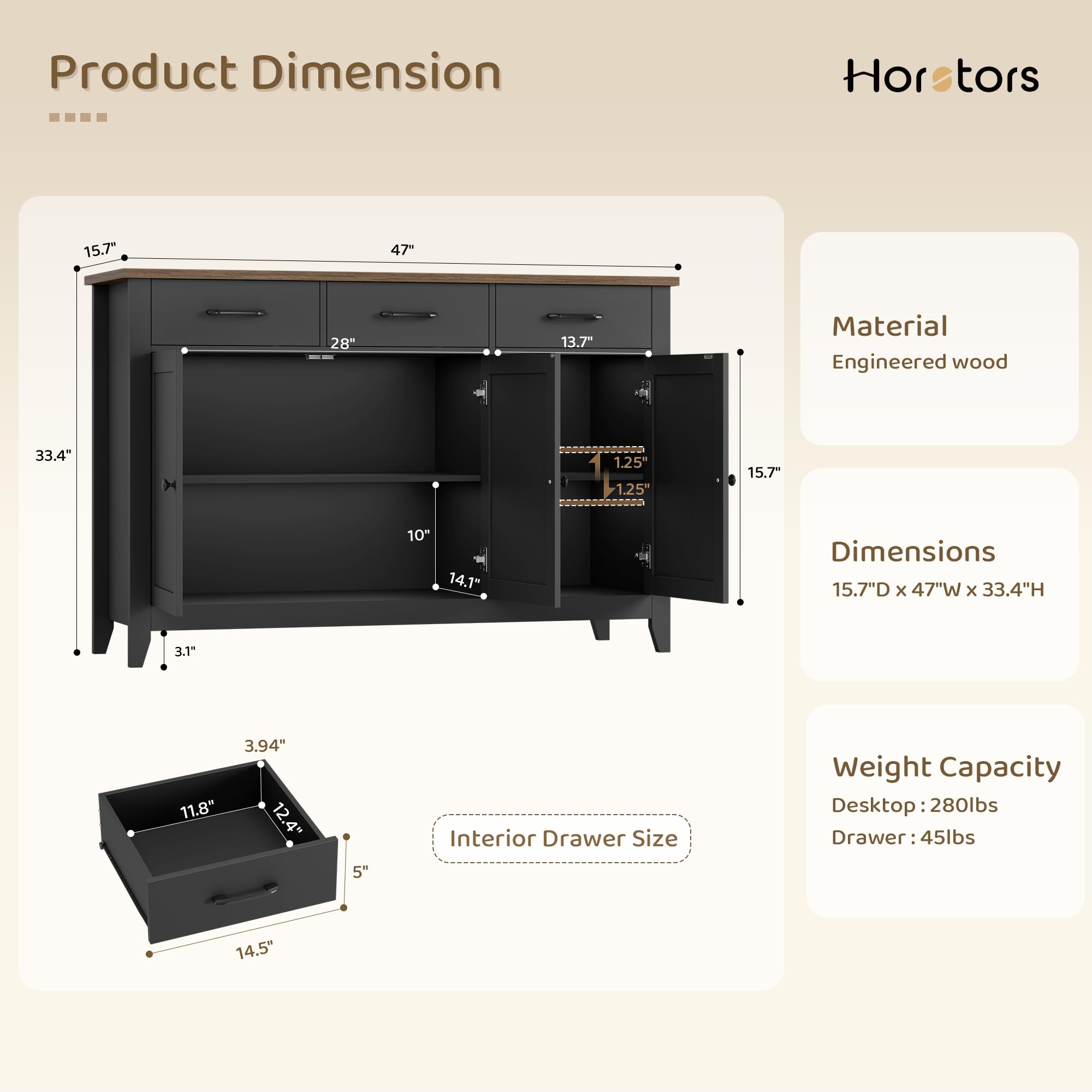 47" Buffet Cabinet with Storage & Drawers