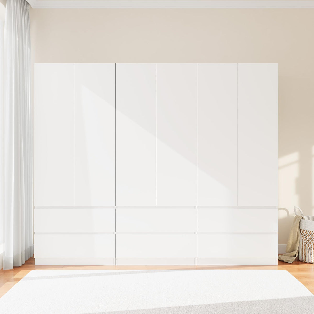 Jiaoun Armoire Wardrobe Closet with 6 Doors, Wooden Wardrobe Cabinet with 6 Drawers, Hanging Rod & Shelves, Freestanding Closets for Bedroom (White, 3)