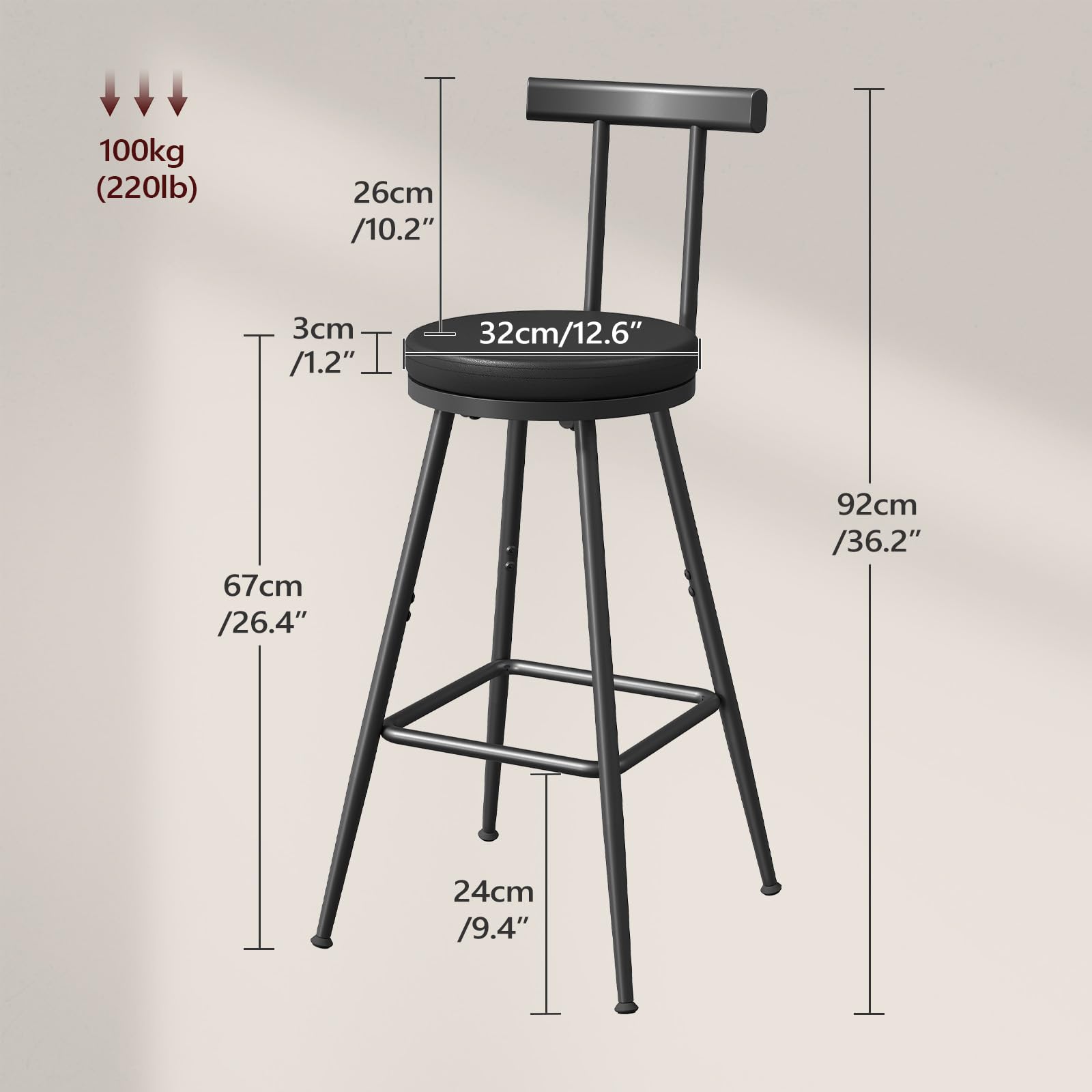 Black PU Bar Stools with Backrest & Footrest, Set of 2