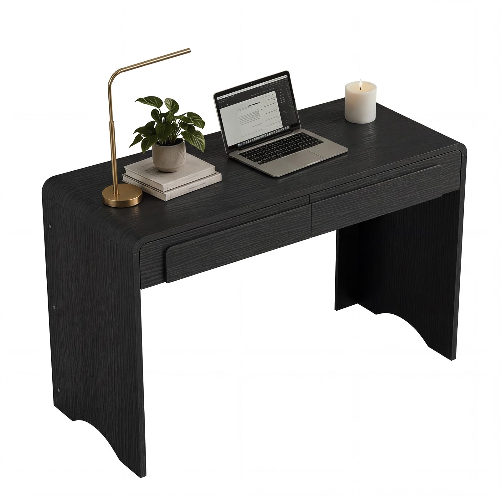 Bestier Computer Desk with 2 Drawers, 47 Inch Wood Home Office Desk, Small Writing Table with Curved Handles & Waterfall Rounded Edges, Cute Modern Desks for Bedroom Study Living Room, Black