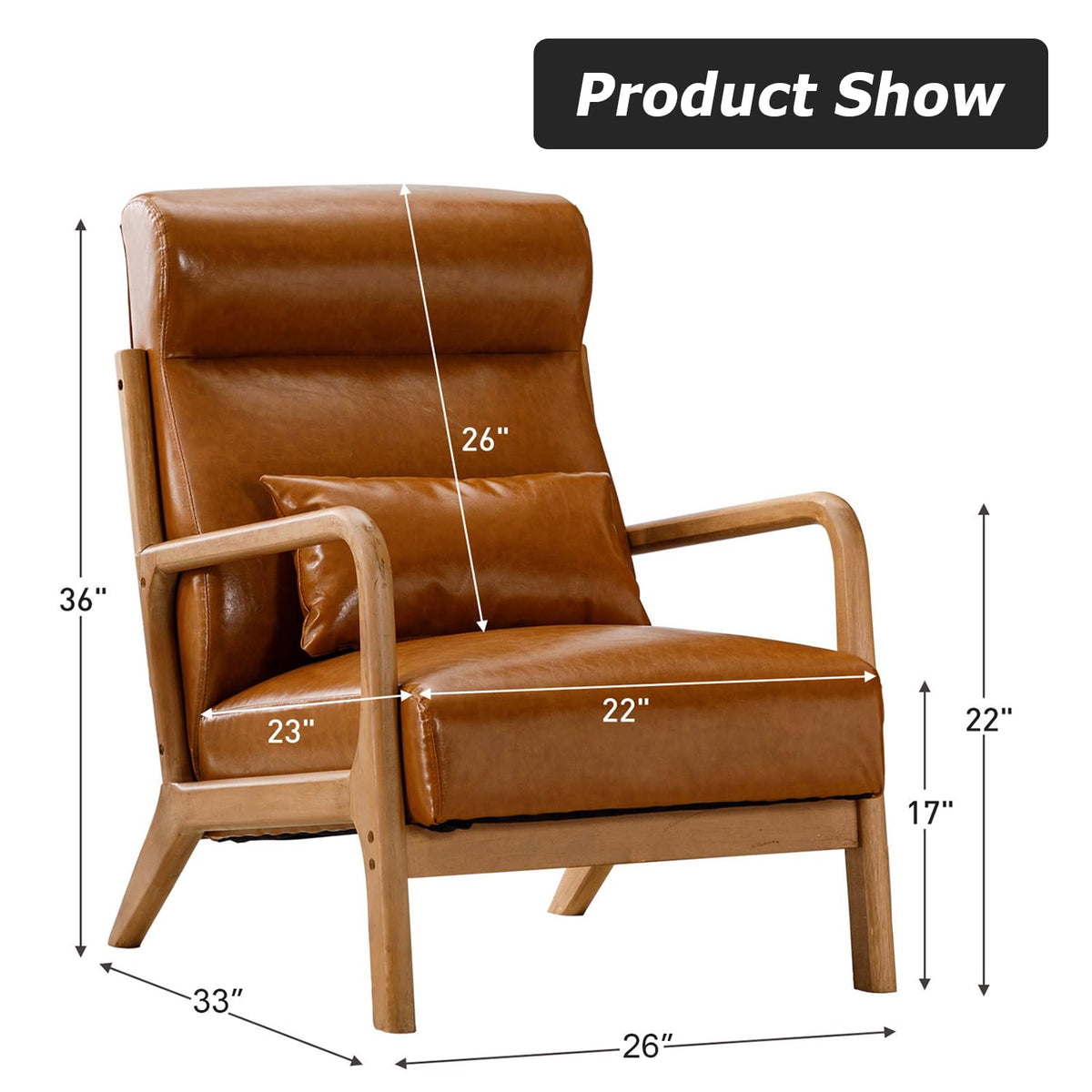 INZOY Mid Century Modern Accent Chair with High Back, PU Leather Reading Armchair with Waist Cushion, Upholstered Wood Frame Living Room Chairs for Bedroom Sunroom, Camel