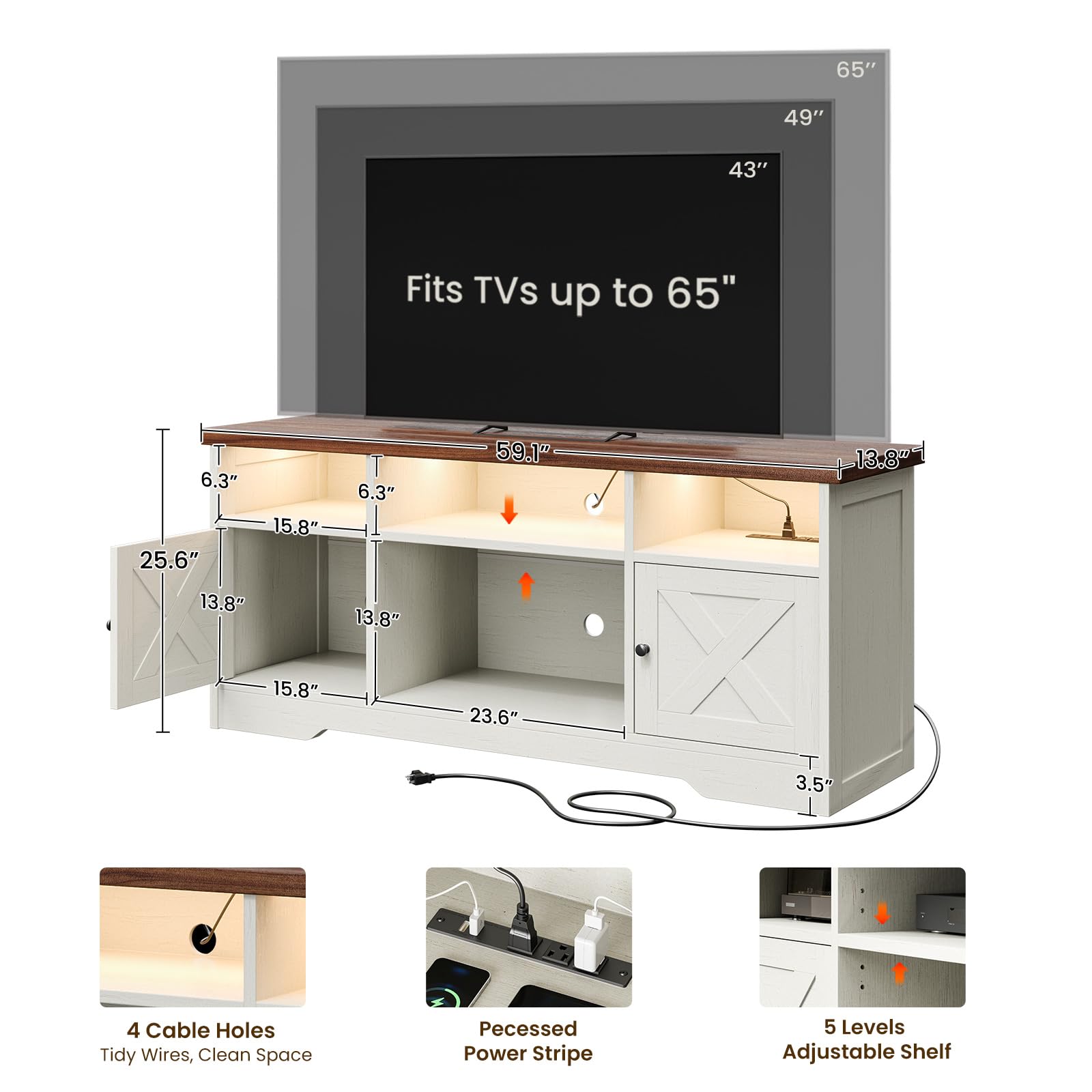 LED TV Stand with Power Outlet & Storage Cabinets