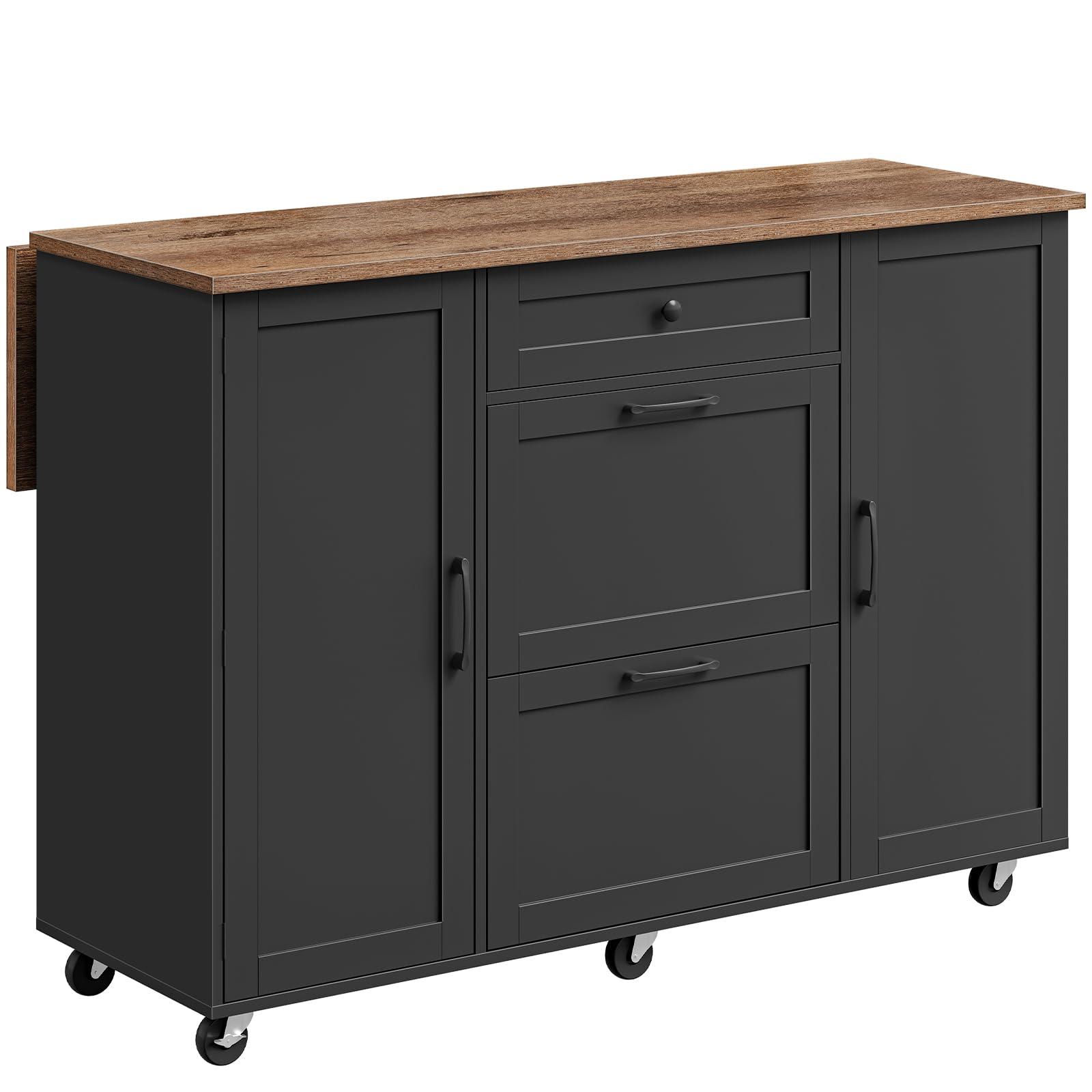 CHOEZON Kitchen Island with Trash Can Cabinet, Drop-Leaf Tabletop & 6 Wheels, 51.2-Inch Rolling Kitchen Cart with Fridge Shelf, Drawers & Adjustable Shelves, Farmhouse Style, Black and Walnut MZD07BL
