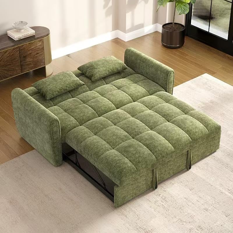 KEIKI 65" Velvet Futon Sofa Bed, 3-in-1 Convertible Sleeper Couch with Adjustable Backrest, 2 Pillows and 500 lb Wood Frame for Home Office, Apartment, Guest Room, Studio and Small Multipurpose Spaces