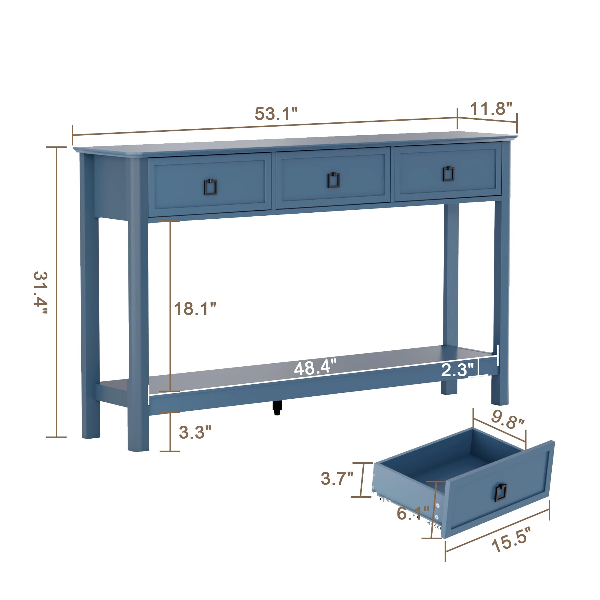 Treocho 53.1" Console Table with 3 Drawers, Modern Entryway Table, 2-Tier Narrow Long Sofa Table Behind Couch Table for Living Room, Hallway, Blue