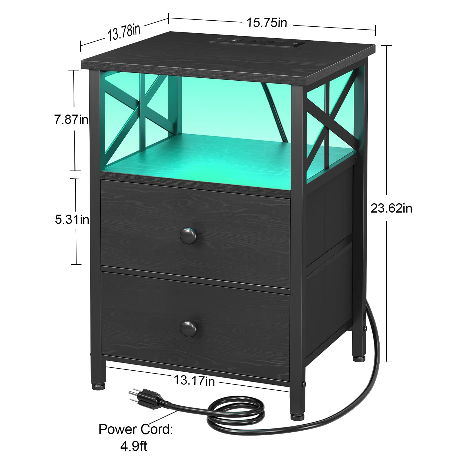 AMHANCIBLE Night Stand Set of 2 with Charging Station and LED Lights, Large 2-Drawer Bedside Tables with USB Ports and AC Outlets, Modern Nightstand for Bedroom, Black, HET052LBK