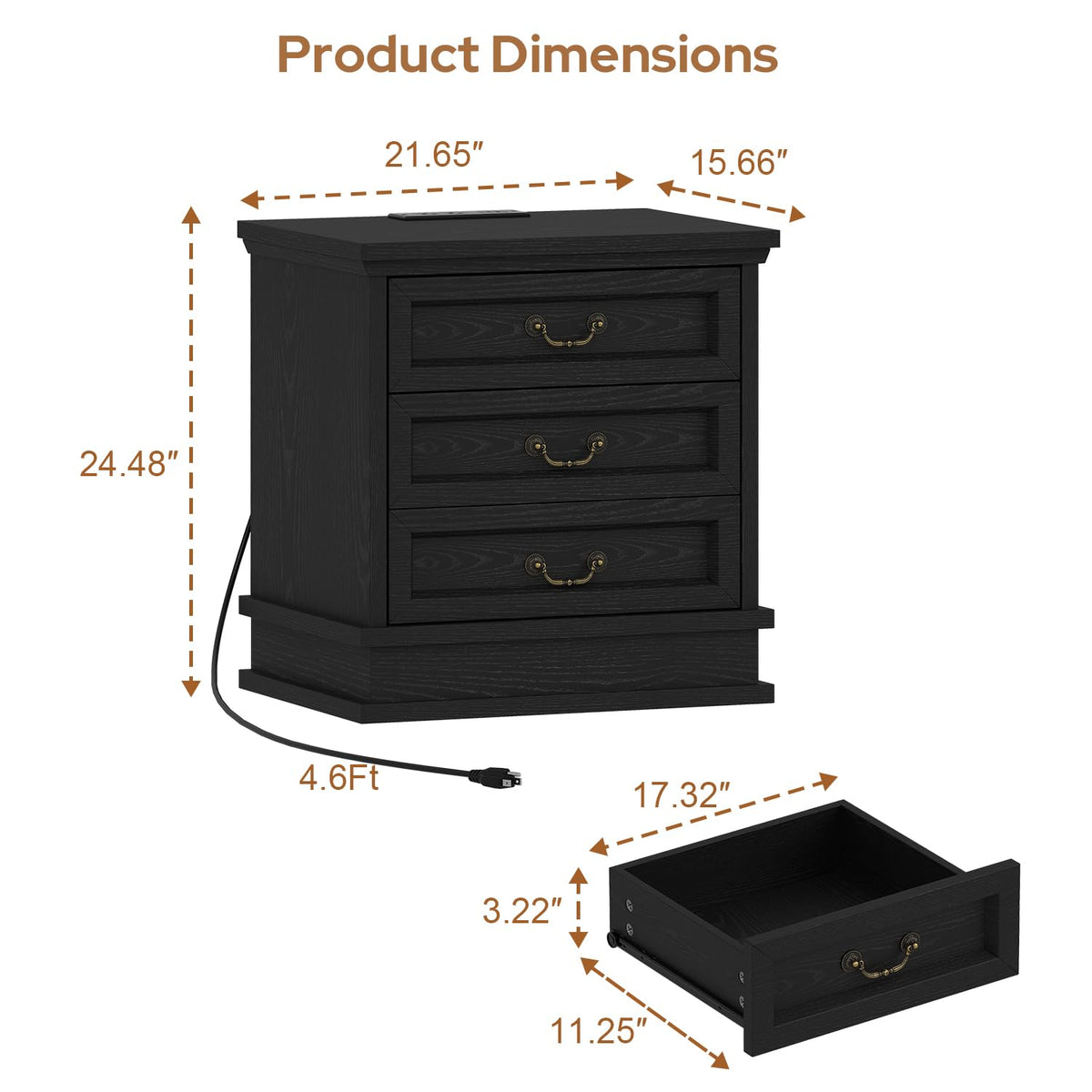 knoworld Nightstand with Charging Station, 3 Drawer Night Stand Set of 2