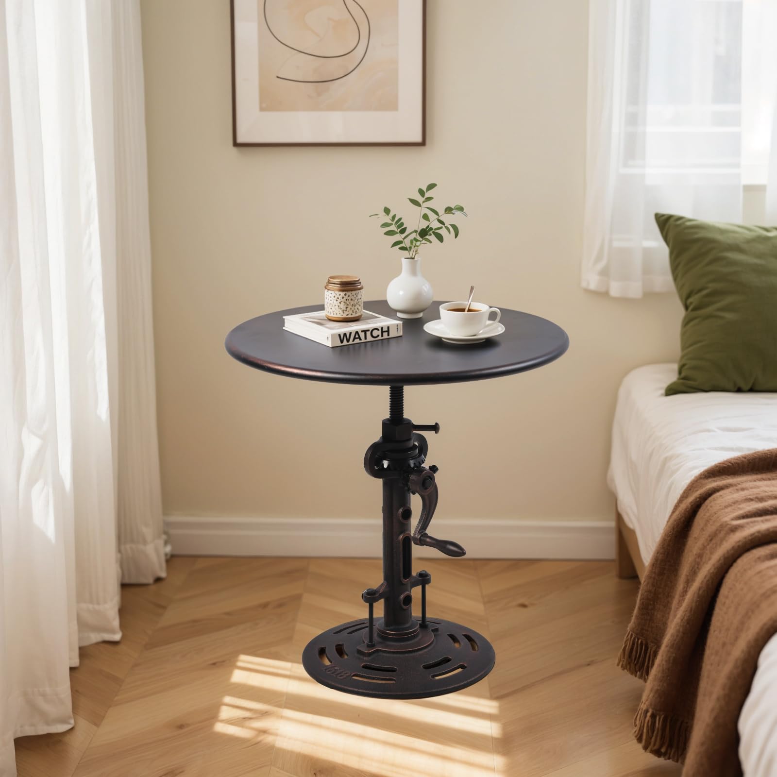 LOKKHAN Vintage Industrial Adjustable Height Crank Table for Home or Café- Round Iron Bistro/Dining/Desk with Mechanical Inspired Hand- Rustic Antique Style, Copper
