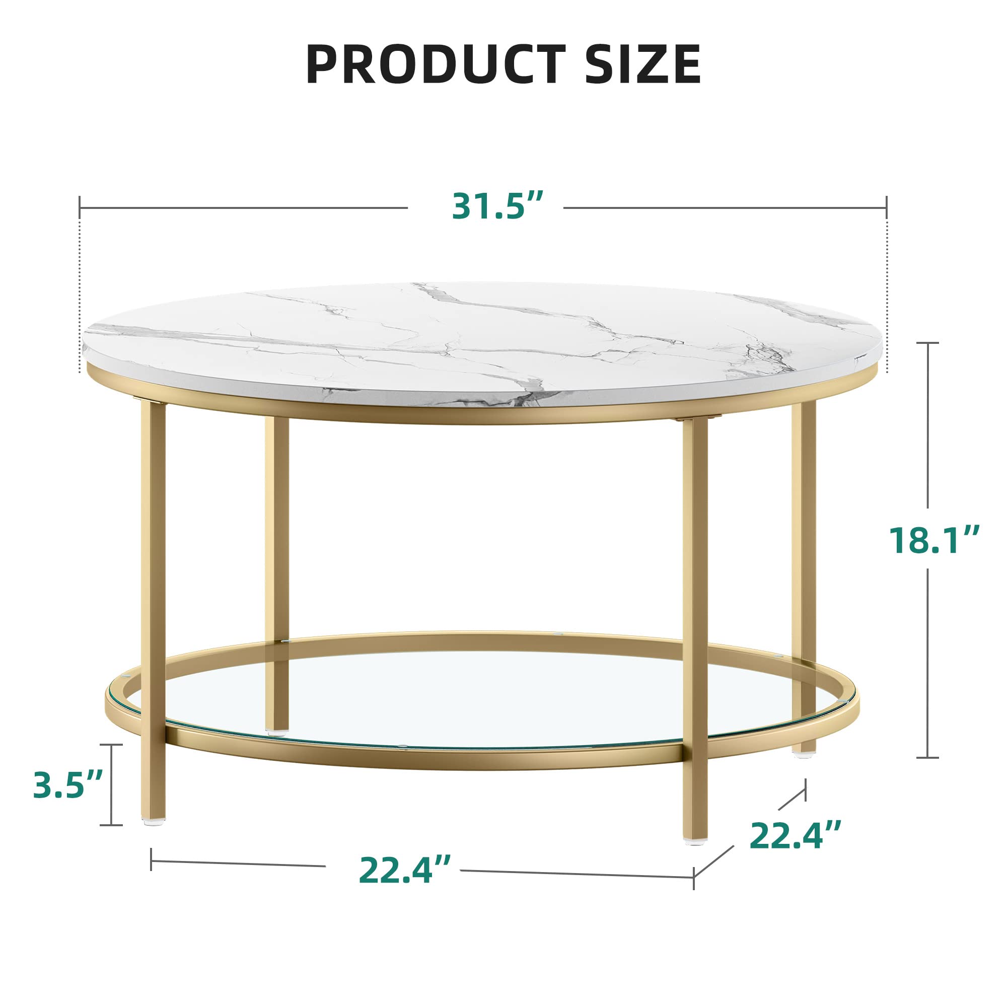 Round Marble Coffee Table with Glass Shelf